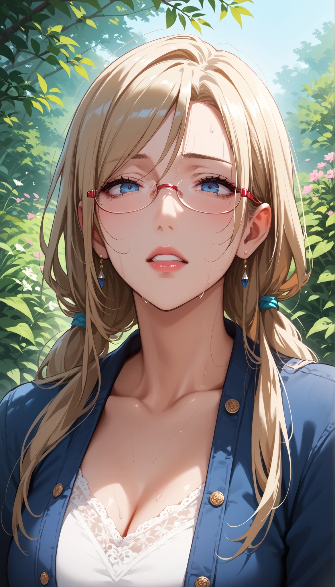 score_9, score_8_up, score_7_up, score_6_up, score_5_up, score_4_up, source_anime, anime art, anime style, masterpiece, Highest Quality, 1girl, mature woman, , , Rize Kamishiro,,Sweating, watching you, lips, , Face of pain, long hair ,Wear Glasses, Casual Clothes, in garden