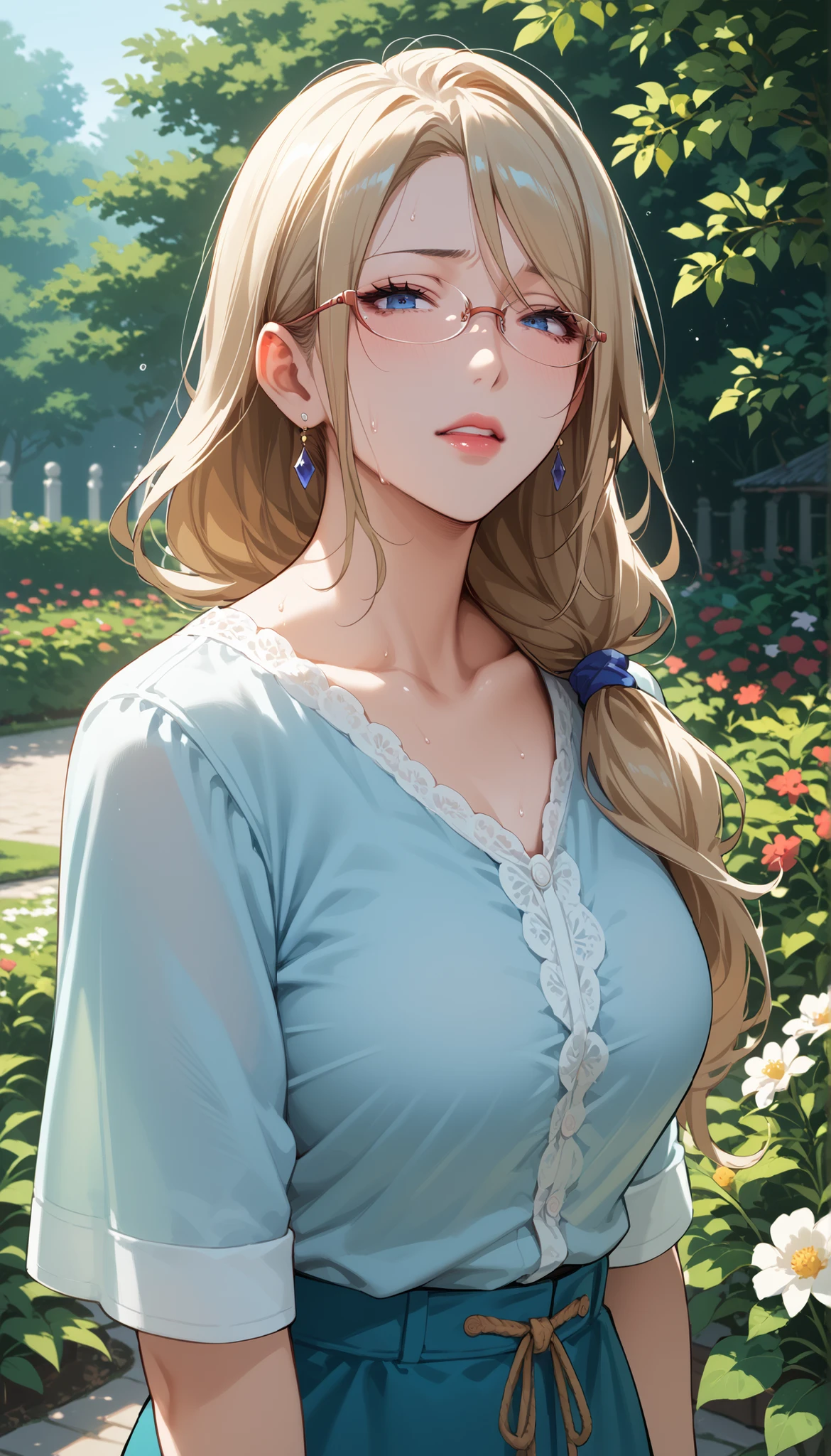 score_9, score_8_up, score_7_up, score_6_up, score_5_up, score_4_up, source_anime, anime art, anime style, masterpiece, Highest Quality, 1girl, mature woman, , , Rize Kamishiro,,Sweating, watching you, lips, , Face of pain, long hair ,Wear Glasses, Casual Clothes, in garden