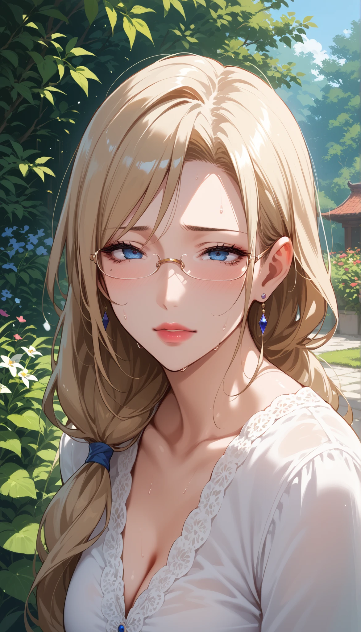 score_9, score_8_up, score_7_up, score_6_up, score_5_up, score_4_up, source_anime, anime art, anime style, masterpiece, Highest Quality, 1girl, mature woman, , , Rize Kamishiro,,Sweating, watching you, lips, , Face of pain, long hair ,Wear Glasses, Casual Clothes, in garden