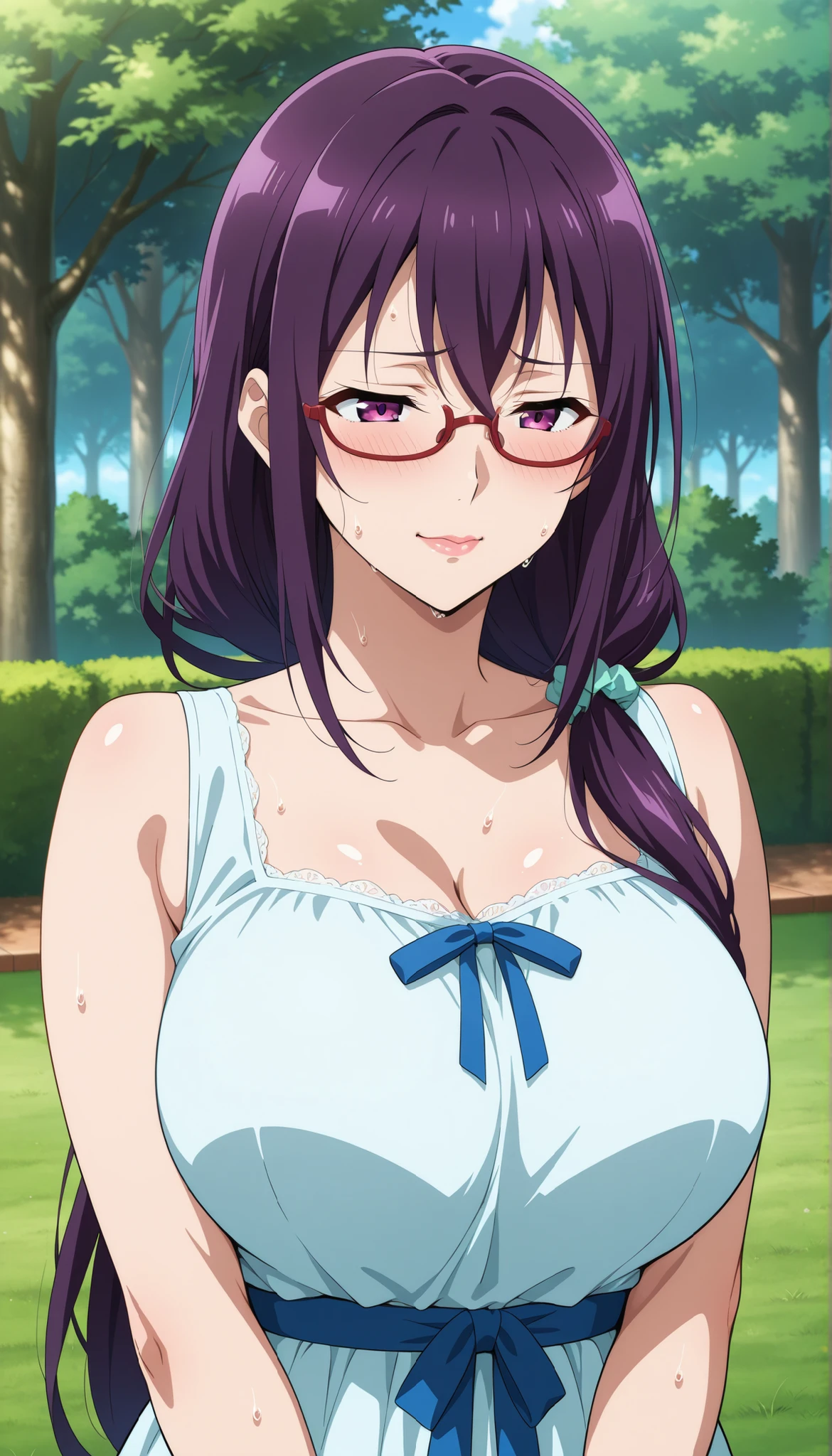 score_9, score_8_up, score_7_up, score_6_up, score_5_up, score_4_up, source_anime, anime art, anime style, masterpiece, Highest Quality, 1girl, mature woman, , , Rize Kamishiro,,Sweating, watching you, lips, , Face of pain, long hair ,Wear Glasses, Casual Clothes, in garden