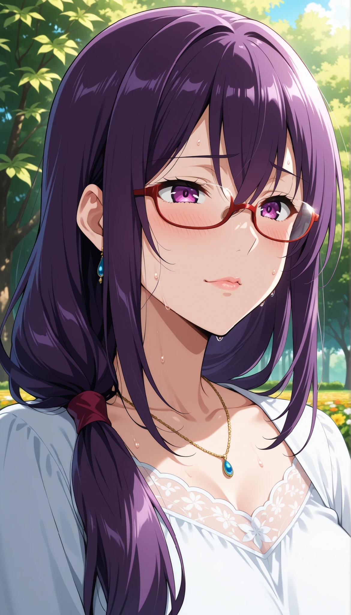 score_9, score_8_up, score_7_up, score_6_up, score_5_up, score_4_up, source_anime, anime art, anime style, masterpiece, Highest Quality, 1girl, mature woman, , , Rize Kamishiro,,Sweating, watching you, lips, , Face of pain, long hair ,Wear Glasses, Casual Clothes, in garden