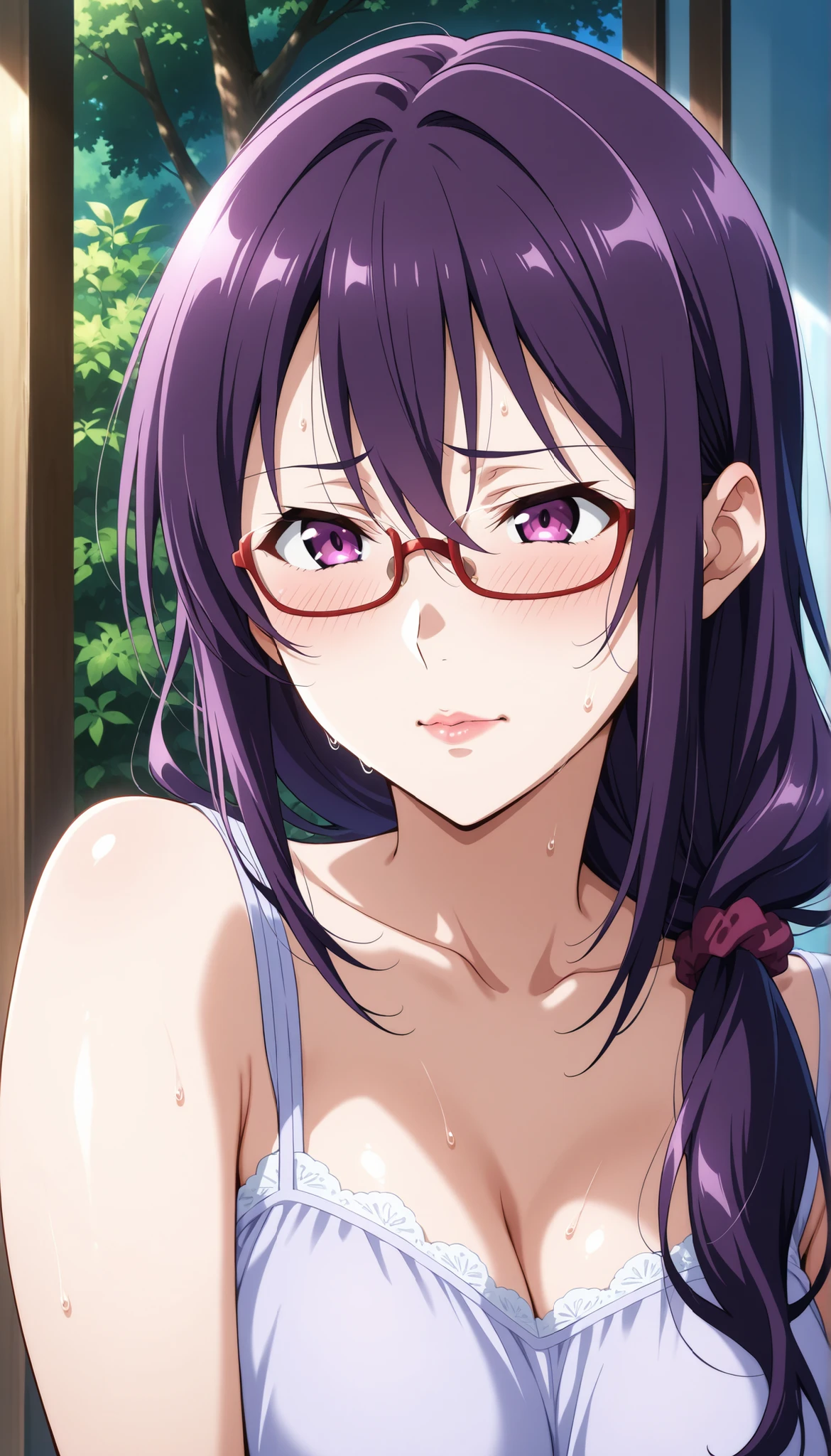 score_9, score_8_up, score_7_up, score_6_up, score_5_up, score_4_up, source_anime, anime art, anime style, masterpiece, Highest Quality, 1girl, mature woman, , , Rize Kamishiro,,Sweating, watching you, lips, , Face of pain, long hair ,Wear Glasses, Casual Clothes, in garden