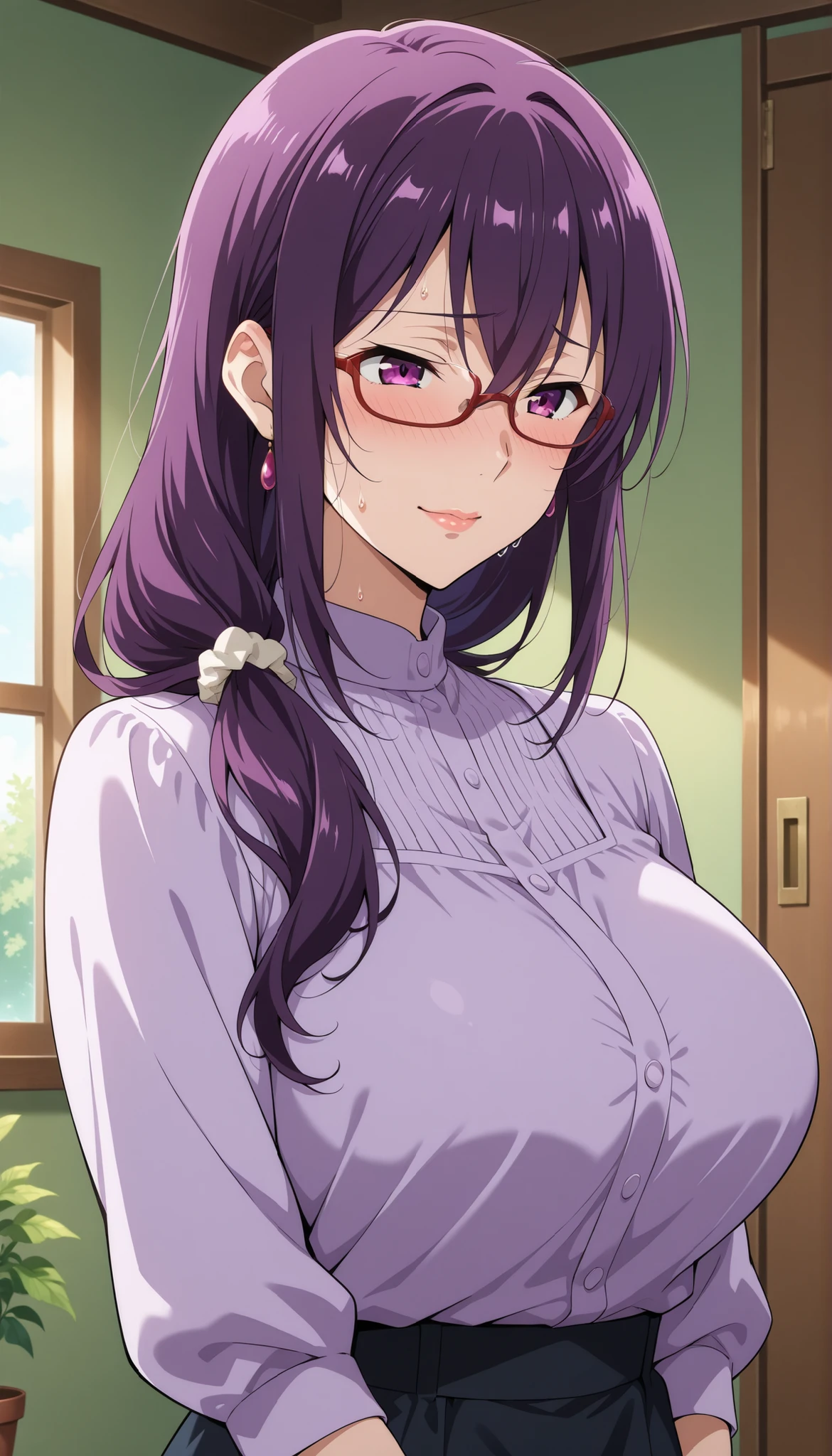 score_9, score_8_up, score_7_up, score_6_up, score_5_up, score_4_up, source_anime, anime art, anime style, masterpiece, Highest Quality, 1girl, mature woman, , , Rize Kamishiro,,Sweating, watching you, lips, , Face of pain, long hair ,Wear Glasses, Casual Clothes, in garden