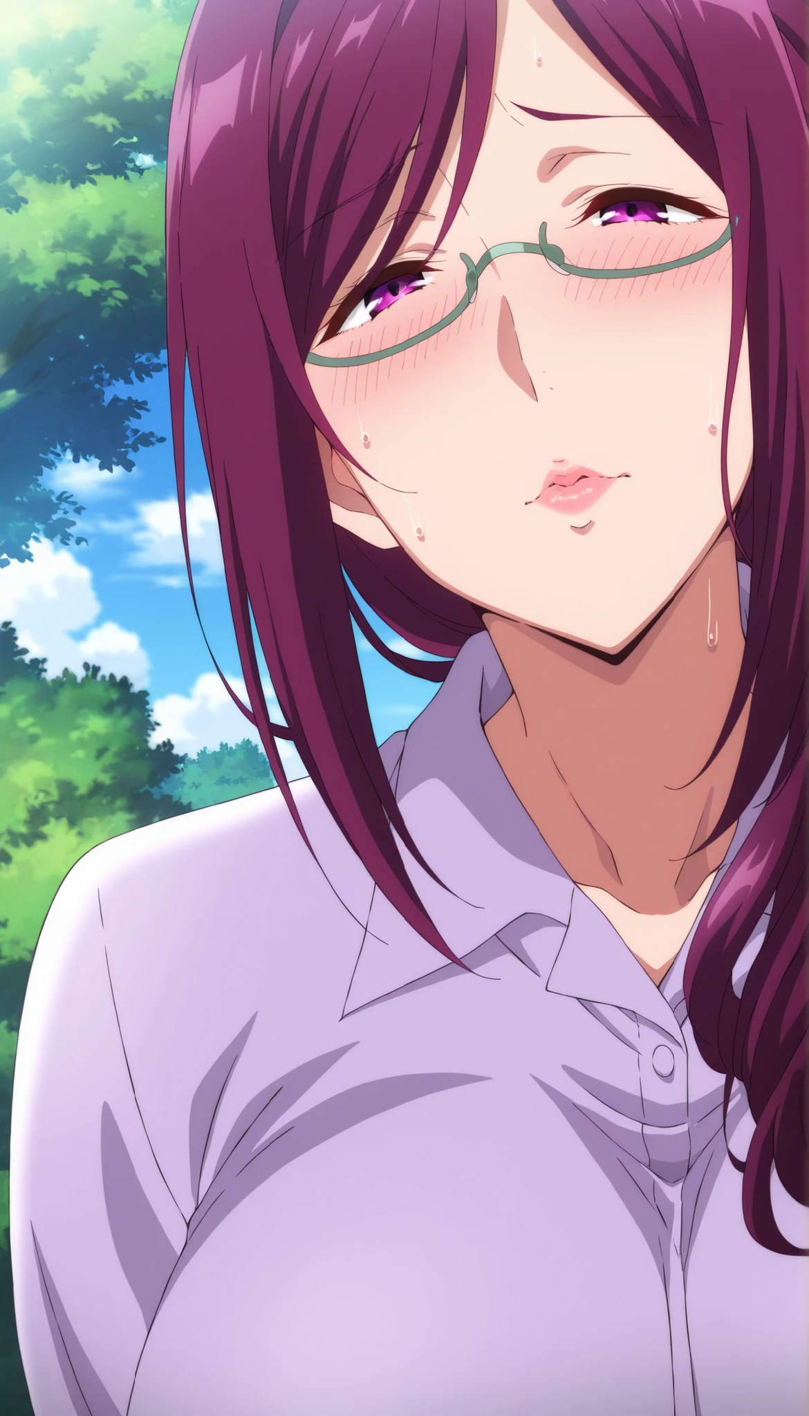 score_9, score_8_up, score_7_up, score_6_up, score_5_up, score_4_up, source_anime, anime art, anime style, masterpiece, Highest Quality, 1girl, mature woman, , , Rize Kamishiro,,Sweating, watching you, lips, , Face of pain, long hair ,Wear Glasses, Casual Clothes, in garden