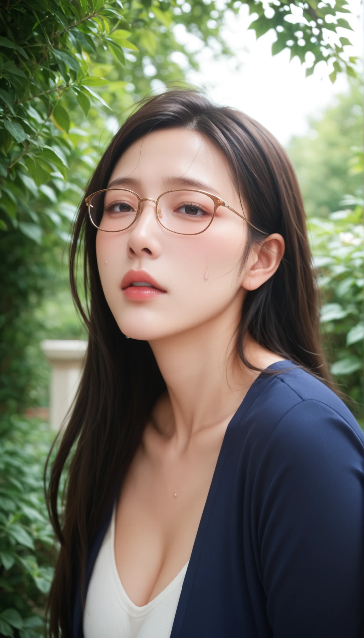 score_9, score_8_up, score_7_up, score_6_up, score_5_up, score_4_up, source_anime, anime art, anime style, masterpiece, Highest Quality, 1girl, mature woman, , , Rize Kamishiro,,Sweating, watching you, lips, , Face of pain, long hair ,Wear Glasses, Casual Clothes, in garden