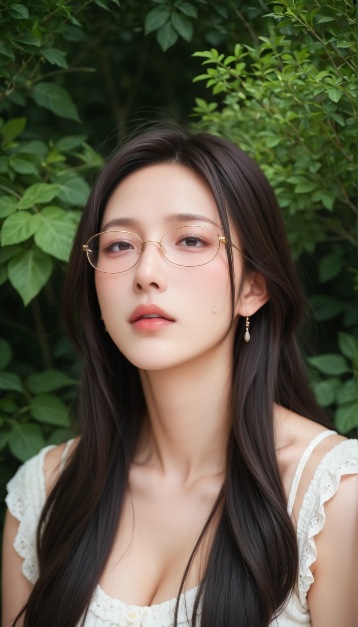 score_9, score_8_up, score_7_up, score_6_up, score_5_up, score_4_up, source_anime, anime art, anime style, masterpiece, Highest Quality, 1girl, mature woman, , , Rize Kamishiro,,Sweating, watching you, lips, , Face of pain, long hair ,Wear Glasses, Casual Clothes, in garden