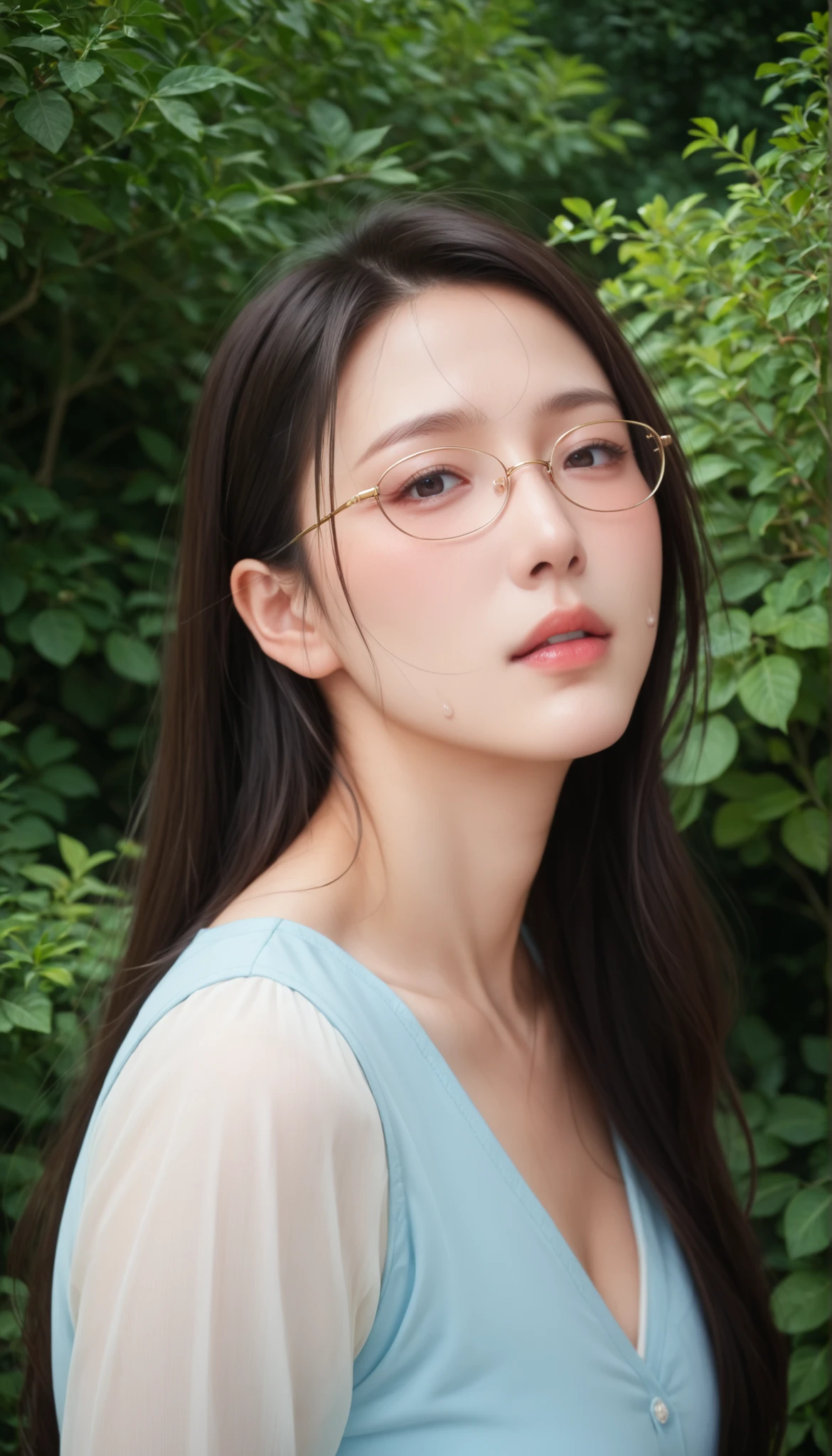 score_9, score_8_up, score_7_up, score_6_up, score_5_up, score_4_up, source_anime, anime art, anime style, masterpiece, Highest Quality, 1girl, mature woman, , , Rize Kamishiro,,Sweating, watching you, lips, , Face of pain, long hair ,Wear Glasses, Casual Clothes, in garden