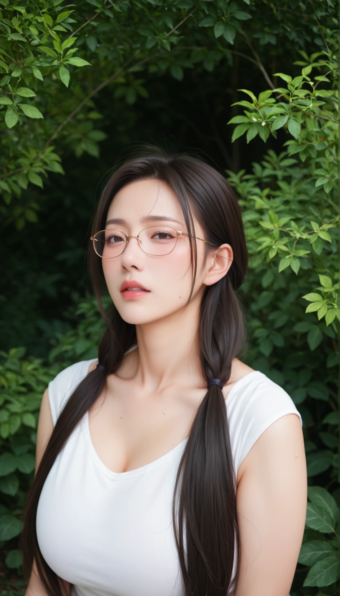 score_9, score_8_up, score_7_up, score_6_up, score_5_up, score_4_up, source_anime, anime art, anime style, masterpiece, Highest Quality, 1girl, mature woman, , , Rize Kamishiro,,Sweating, watching you, lips, , Face of pain, long hair ,Wear Glasses, Casual Clothes, in garden