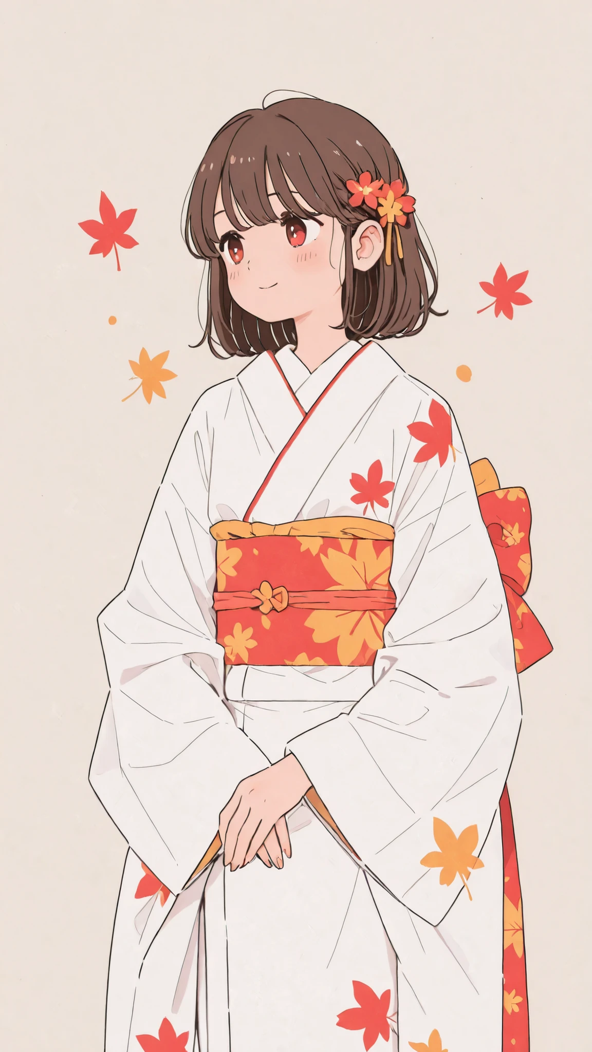 (  white kimono、traditional Japanese kimono：1.3、small maple pattern)、