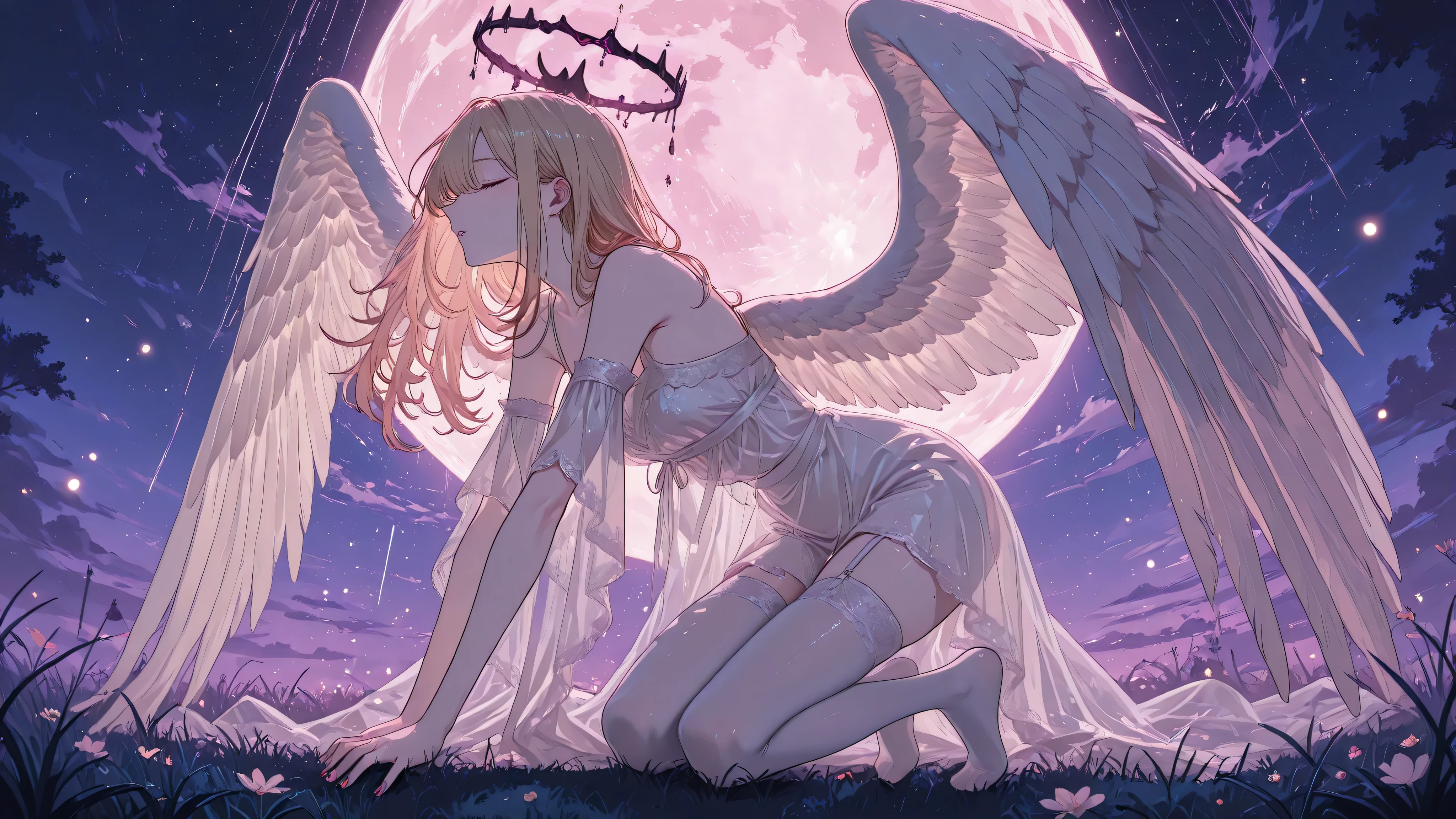 (masterpiece, best quality, ultra-detailed, Anime style, illustration, fantasy art) sight below, Outside: half-sideways, one leg put forward (Knee-bent), 1 blonde , angel wings , hair develops in the wind, closed eyes, long lashes, Glass retina, light golden hair with soft pink tips, The ends of her hair are colored soft pink, hair develops in the wind , pale skin, Glass retina, slim body, white leather, lies on the grass in the park, Night, full moon, bare feet, a crown of glowing white stones, nimbus, hanging above her head, , fragile figure, eyes closed, eyes open lips, pink nail polish , toes, shine, best quality, she wears only lightweight silk, almost transparent fabric (plain almost transparent silk, white lace), white almost transparent stockings (garter stockings), clavicles bare shoulders bare, Glass retina, fireflies and magic lights, , sight below, sight below, without clothes, is shy, profile, focus on the eyes, Retinal details, tight black oblong pupils, darkness reigns around, white feathers, lots of white feathers, white feathers падают сверху, rays shine from above, Outside
