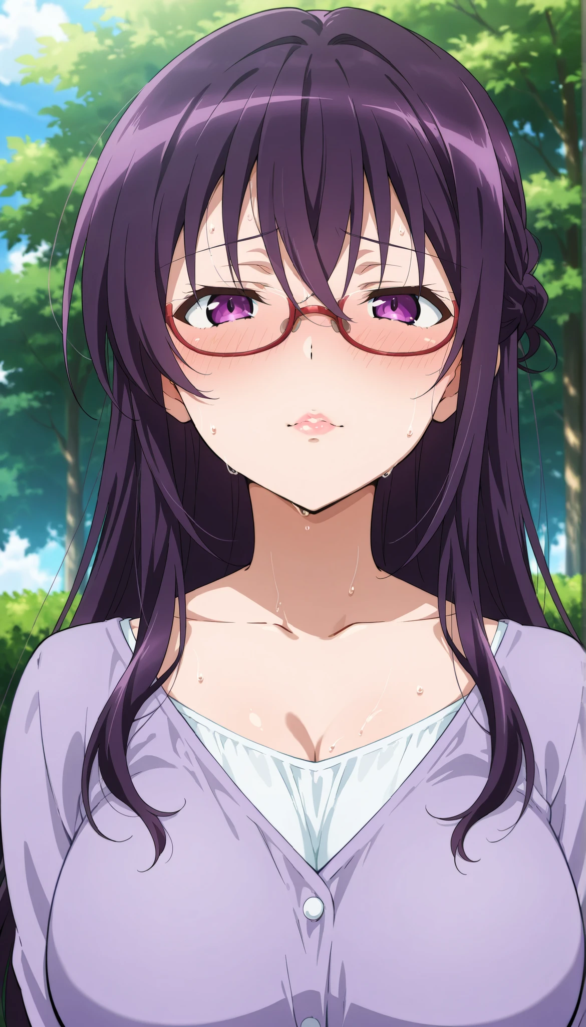 score_9, score_8_up, score_7_up, score_6_up, score_5_up, score_4_up, source_anime, anime art, anime style, masterpiece, Highest Quality, 1girl, mature woman, , , Rize Kamishiro,,Sweating, watching you, lips, , Face of pain, long hair ,Wear Glasses, Casual Clothes, in garden
