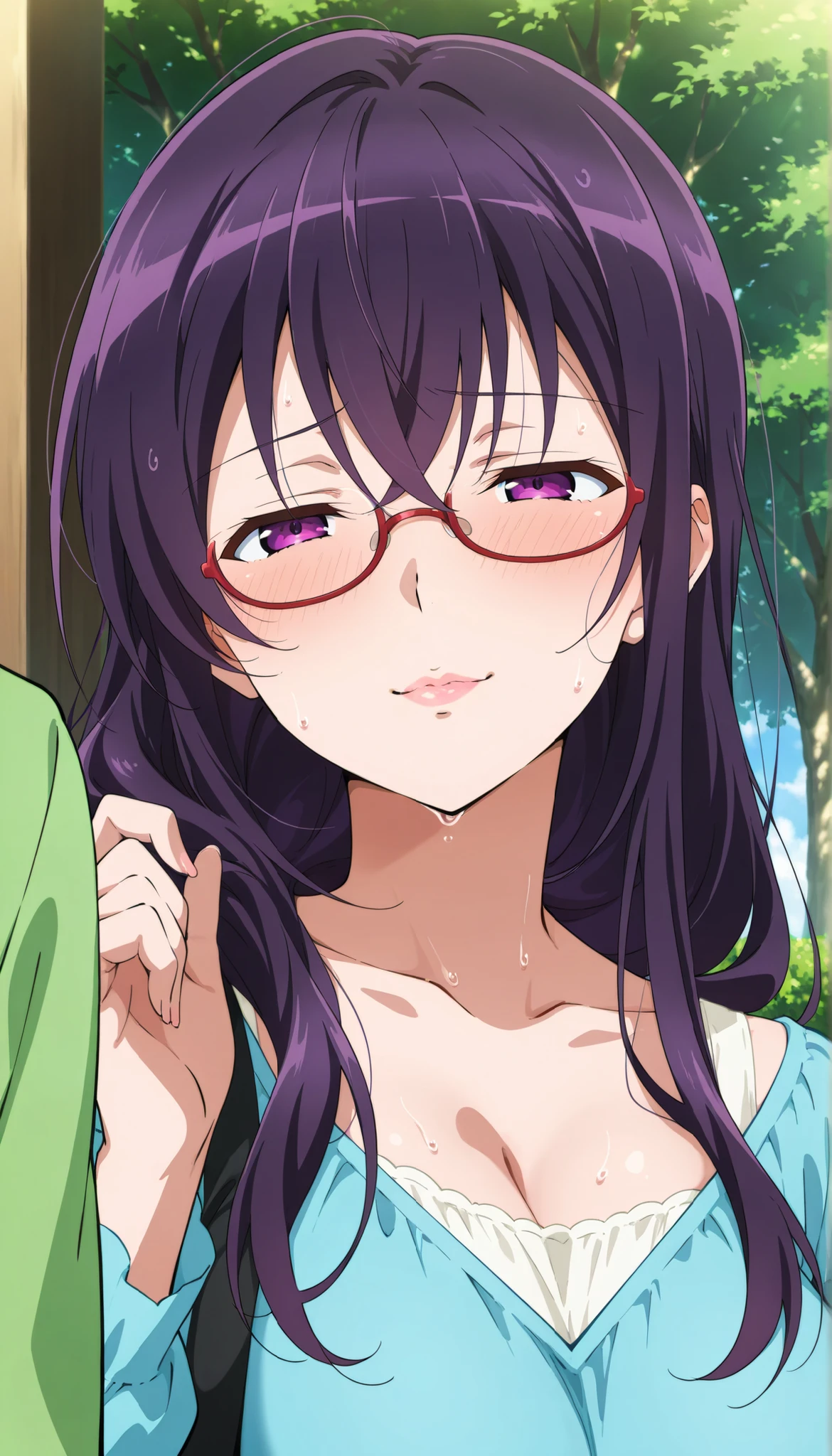 score_9, score_8_up, score_7_up, score_6_up, score_5_up, score_4_up, source_anime, anime art, anime style, masterpiece, Highest Quality, 1girl, mature woman, , , Rize Kamishiro,,Sweating, watching you, lips, , Face of pain, long hair ,Wear Glasses, Casual Clothes, in garden