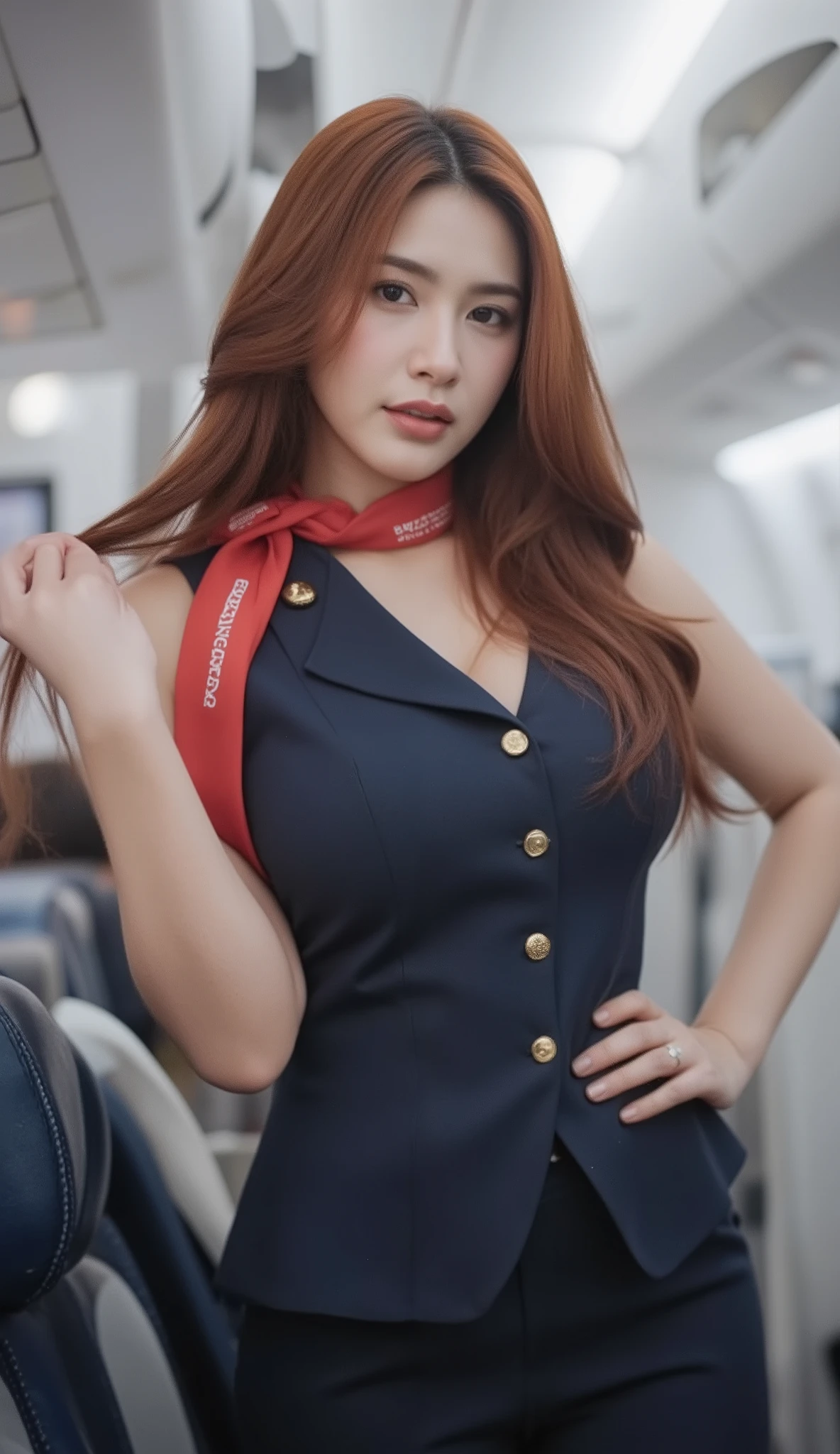 A portrait image shows a beautiful flight attendant in British Airways' sleeveless navy uniform in a cabin.
She is Korean-Thai. She has a long, fluffy haircut that shows off her narrow forehead. She has a voluptuous figure. She is chubby-sexy. She has a cherry-red hair colour. She wears a British Airways' sleeveless navy uniform, gracefully demonstrating safety features, tailored navy vest with gold buttons, red silk scarf, perfectly manicured nails, natural makeup enhancing features.
She stands in a modern aircraft cabin environment, soft cabin lighting, professional airline photography with shallow depth of field.
This image captures the professional elegance of British Airways cabin crew while highlighting their sleeveless uniform variant. It focuses on the sophisticated service environment while maintaining the distinctive British Airways color scheme of navy blue with red accents!