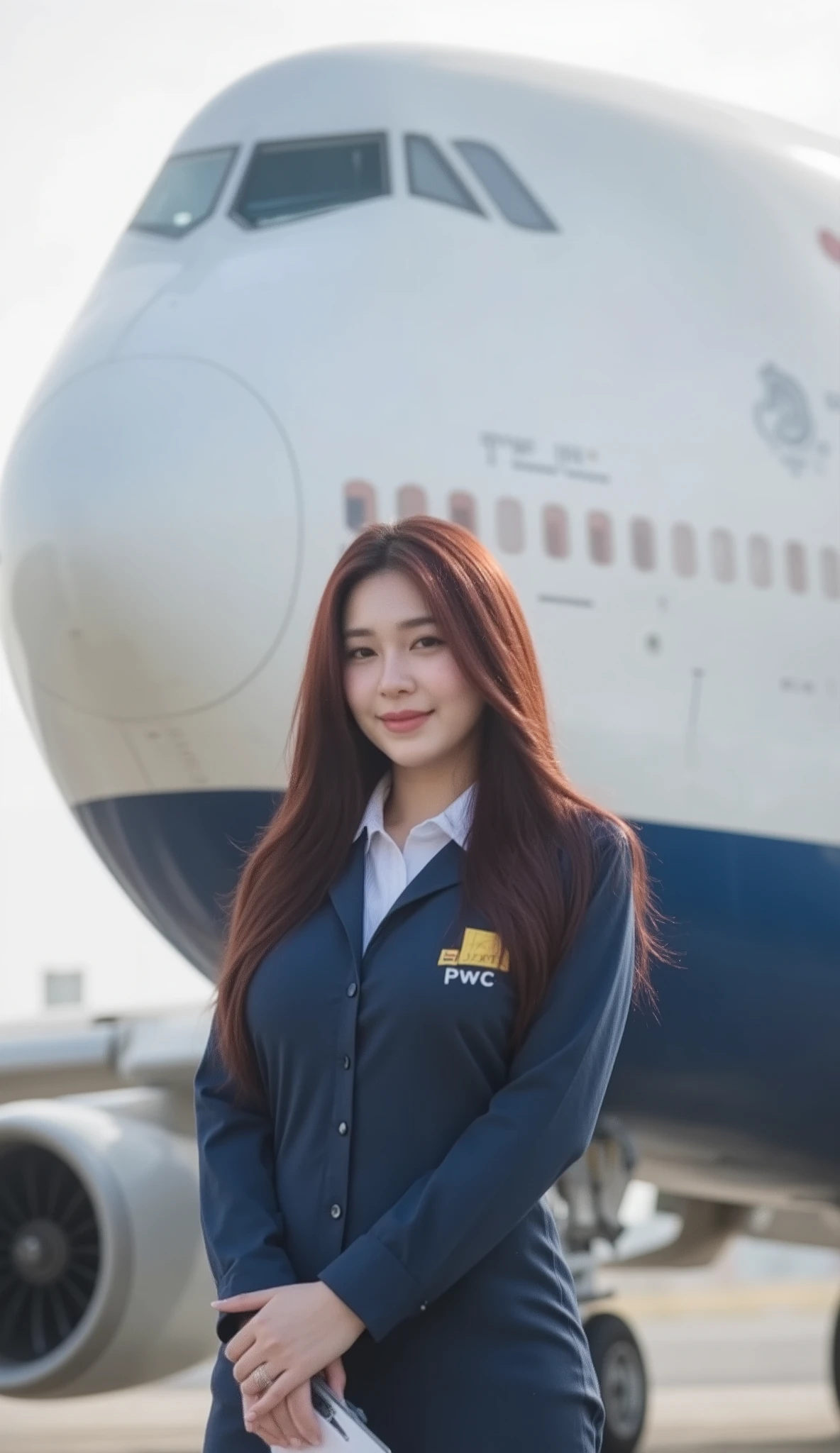 A portrait image shows a beautiful aviation engineer standing in a runway.
She is Korean-Thai. She has a long, fluffy haircut that shows off her narrow forehead. She has a voluptuous figure. She is chubby-sexy. She has a cherry-red hair colour. She smiles at the camera seductively.
She wears a blue maintenance uniform with 'PwC' logo, clipboard in hand. The backdrop is a massive British Airways Boeing 747. The vibe is the technical environment. It balances the professional setting with natural beauty elements and included specific aviation details that emphasize the scale and technical nature of aircraft maintenance in the crisp morning light!