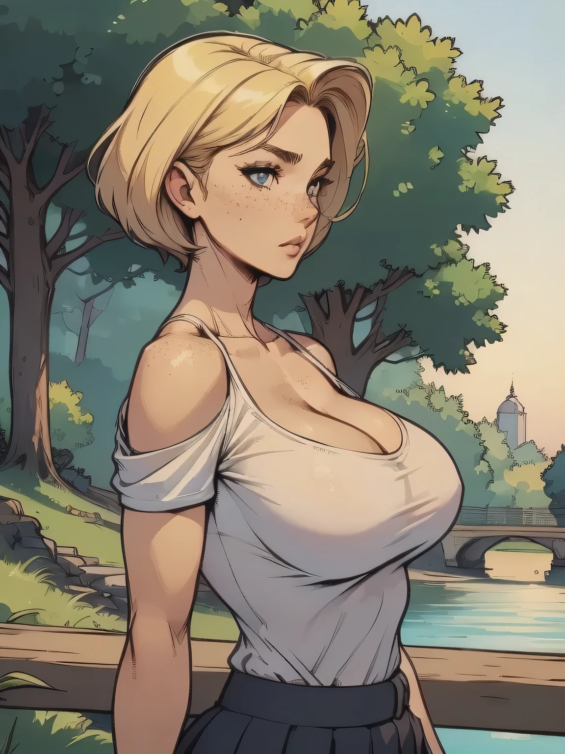 ( linhas absurdas, high definition, ultra fino, be careful with your hand ) Close-up of a thin woman, busty and athletic (secretary), 25 anos, 16k (( high definition )), sighing look, olhar sedutor (( looking at the SPECTATOR )), olhos azuis, secretary usando uma camisa rosa (( gola italiana, puffy short sleeves )), cintura fina, black belt on a discreet pleated skirt, arms on the sides of her body, pele branca, short yellow hair (( at shoulder height )), She is alone on a bridge over a river (( upper body, From waist to head, side view 3.4 )), with freckles on the neck and breasts, (( seios grandes, redondos e suados 3.4 )), (( Well defined collarbone )). estilo cartoon (( QG )), forest and sunset in the background.