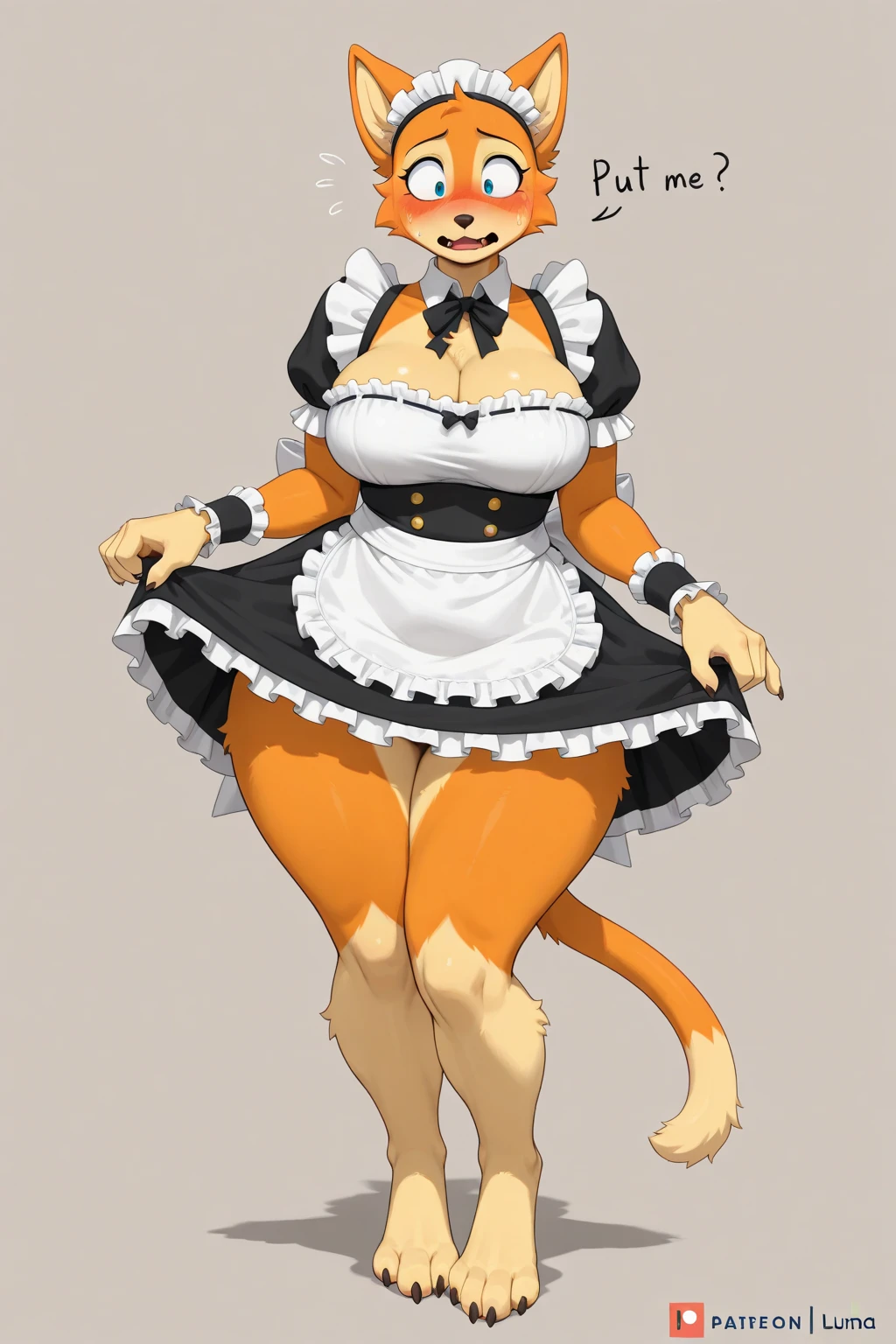 by personalami. ((hi reasterpiece)) , ((best quality)), beautiful and detailed, beautiful and detailed eyes ,woman (((female))) ((anthro)) domestic cat, lighting cinematic, seductor, thighighs, (??????????) maid clothes, maid dress, ???? naughty face, green_eyes boob_window, black long hair, hairbow, braid, female_only ???????????? looking_at_viewer lynx_tail, full body view, curvy body, tiger mark, ????, black ???? bra, Light room