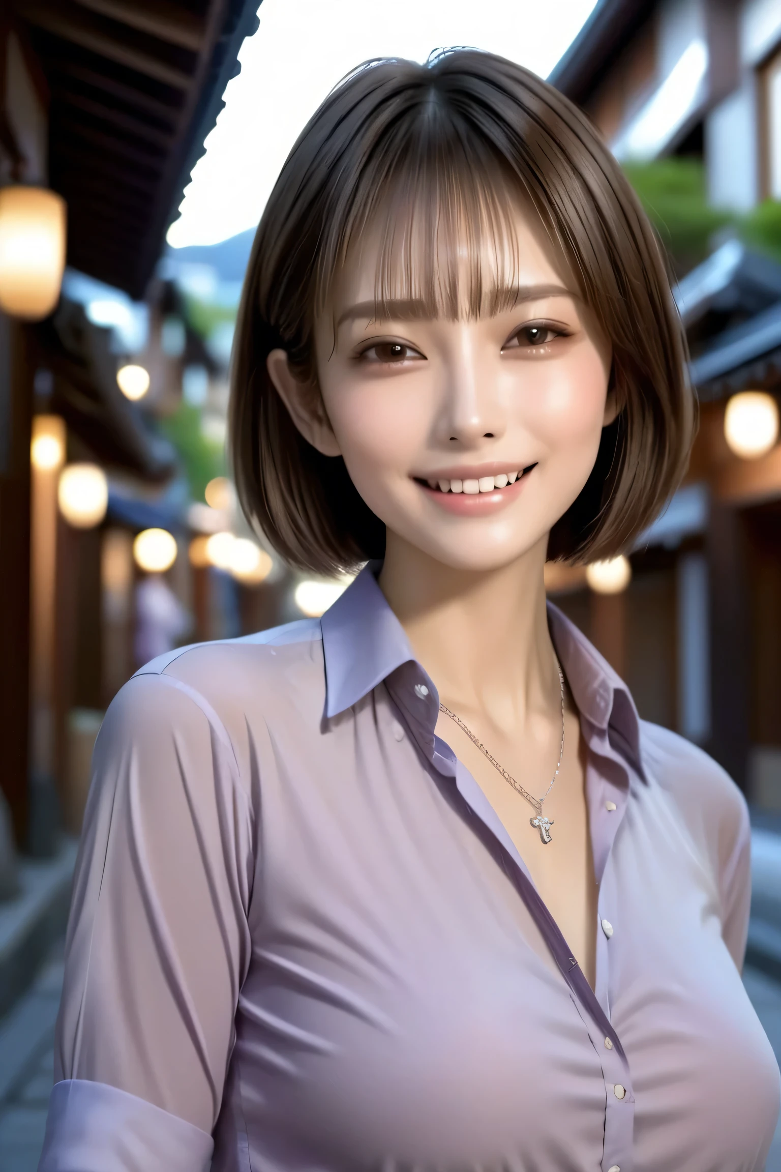 (masterpiece, best quality, photorealistic, 8k, ultra-detailed),
Full-body view of a beautiful woman from mid-thigh up (cowboy shot), with natural makeup, dark brown eyes, defined double eyelids, long silky eyelashes, and a confident alluring grin showing perfect white teeth.
She has sophisticated short hair and wears a deep purple shirt, black tight mini skirt, and an elegant silver necklace.
Standing on the streets of Kyoto with traditional architecture and cinematic nighttime lighting, professional photography style.
beautiful face, smile, grin