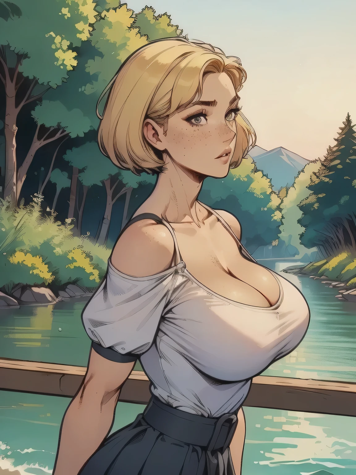 ( linhas absurdas, high definition, ultra fino, be careful with your hand ) Close-up of a thin woman, busty and athletic (secretary), 25 anos, 16k (( high definition )), sighing look, olhar sedutor (( looking at the SPECTATOR )), olhos azuis, secretary usando uma camisa rosa (( gola italiana, puffy short sleeves )), cintura fina, black belt on a discreet pleated skirt, arms on the sides of her body, pele branca, short yellow hair (( at shoulder height )), She is alone on a bridge over a river (( upper body, From waist to head, side view 3.4 )), with freckles on the neck and , (( grandes, redondos e suados 3.4 )), (( Well defined collarbone )). estilo cartoon (( QG )), forest and sunset in the background.