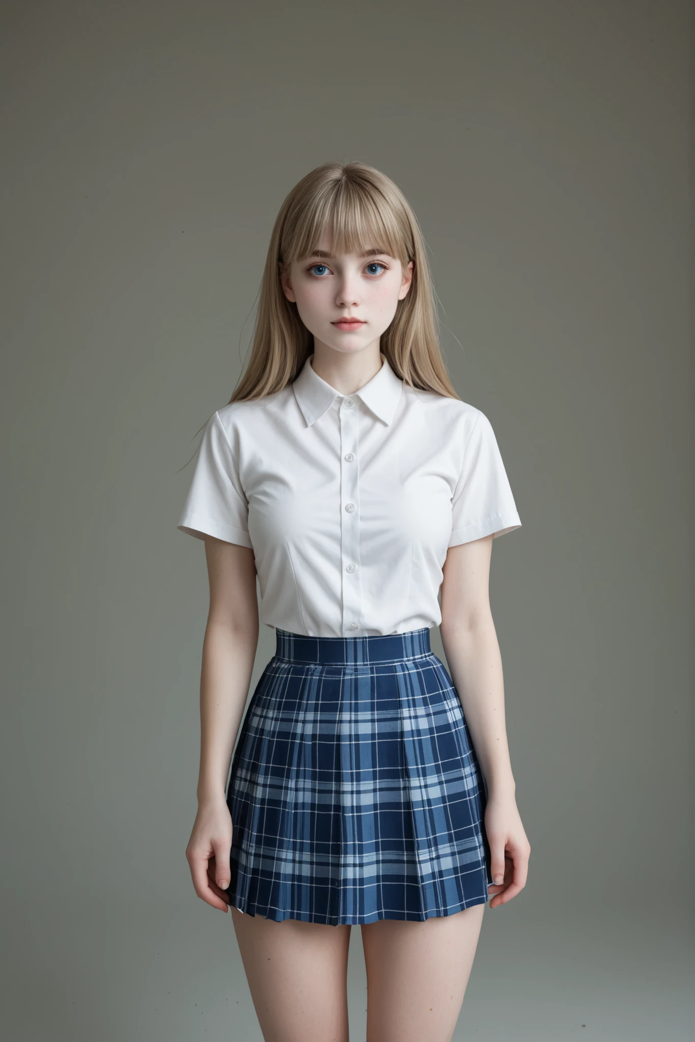 A young girl standing in front of a white background, studio photoshoot, in perfect lighting, frontal portrait, 3/4 shot, centered framing, neutral background, minimalism.
Long hair, (dirty blonde hair:1.3), (straight hair:1.5), perfect hair, shinny hair, (bangs:1.3).
(Large eyes:1.1), beautiful eyes, blue eyes, expressive eyes, (thick eyebrows:1.1), delicate facial features, (symmetrical face:1.5), (cute face:1.5).
(Pale white skin:1.5), smooth skin, perfect skin.
(Attractive body:1.5), slender waist, narrow waist, round hips, sexy legs, prominent thighs, thick thighs.
Wearing a preppy outfit, white short sleeve uniform shirt, slim fit formal women's shirt, shirt with white buttons, blue plaid pleated mini skirt, circular pleated mini skirt.
UHD, highres, 16k, best quality, high details, anatomically correct, accurate, masterpiece.
