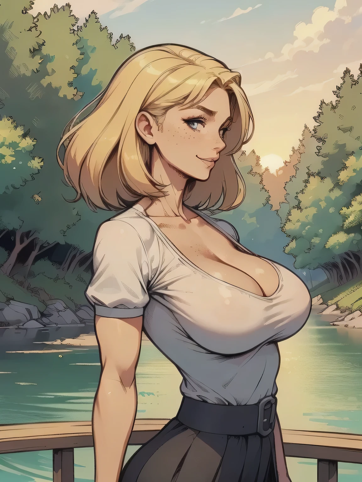 ( linhas absurdas, high definition, ultra fino, be careful with your hand ) Close-up of a thin woman, busty and athletic (secretary), 25 anos, 16k (( high definition )), sorriso misterioso, olhar sedutor (( looking at the SPECTATOR )), olhos azuis, secretary usando uma camisa rosa (( gola italiana, puffy short sleeves )), cintura fina, black belt on a discreet pleated skirt, arms on the sides of her body, pele branca, short yellow hair (( at shoulder height )), She is alone on a bridge over a river (( upper body, From waist to head, side view 3.4 )), with freckles on the neck and breasts, (( seios grandes, redondos e suados 3.4 )), (( Well defined collarbone )). estilo cartoon (( QG )), forest and sunset in the background.