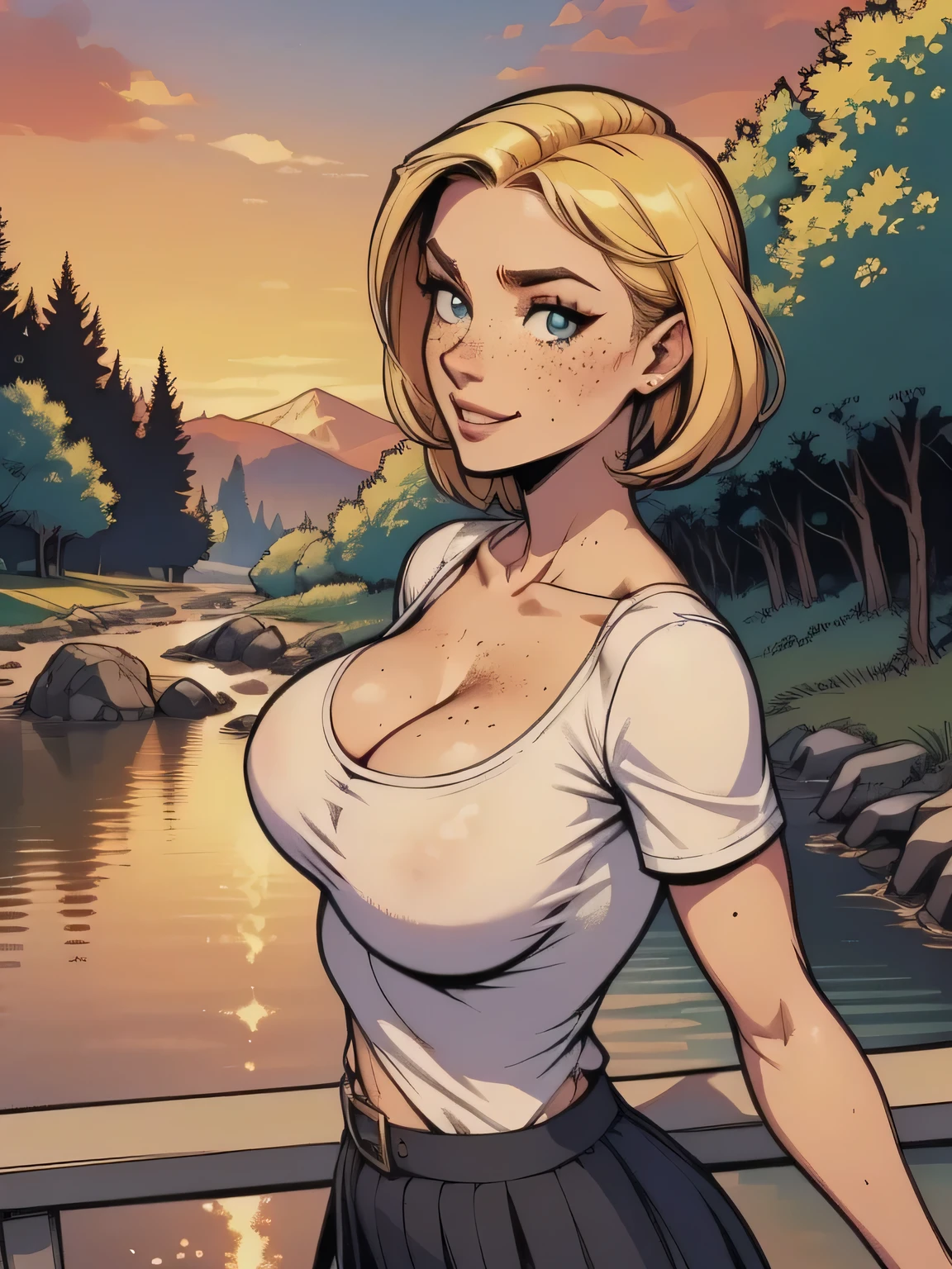 ( linhas absurdas, high definition, ultra fino, be careful with your hand ) Close-up of a thin woman, busty and athletic (secretary), 25 anos, 16k (( high definition )), sorriso lindo, olhar sedutor (( looking at the SPECTATOR )), olhos azuis, secretary usando uma camisa rosa (( gola italiana, puffy short sleeves )), cintura fina, black belt on a discreet pleated skirt, arms on the sides of her body, pele branca, short yellow hair (( at shoulder height )), She is alone on a bridge over a river (( upper body, From waist to head, side view 3.4 )), with freckles on the neck and breasts, (( seios grandes, redondos e suados 3.4 )), (( Well defined collarbone )). estilo cartoon (( QG )), forest and sunset in the background.