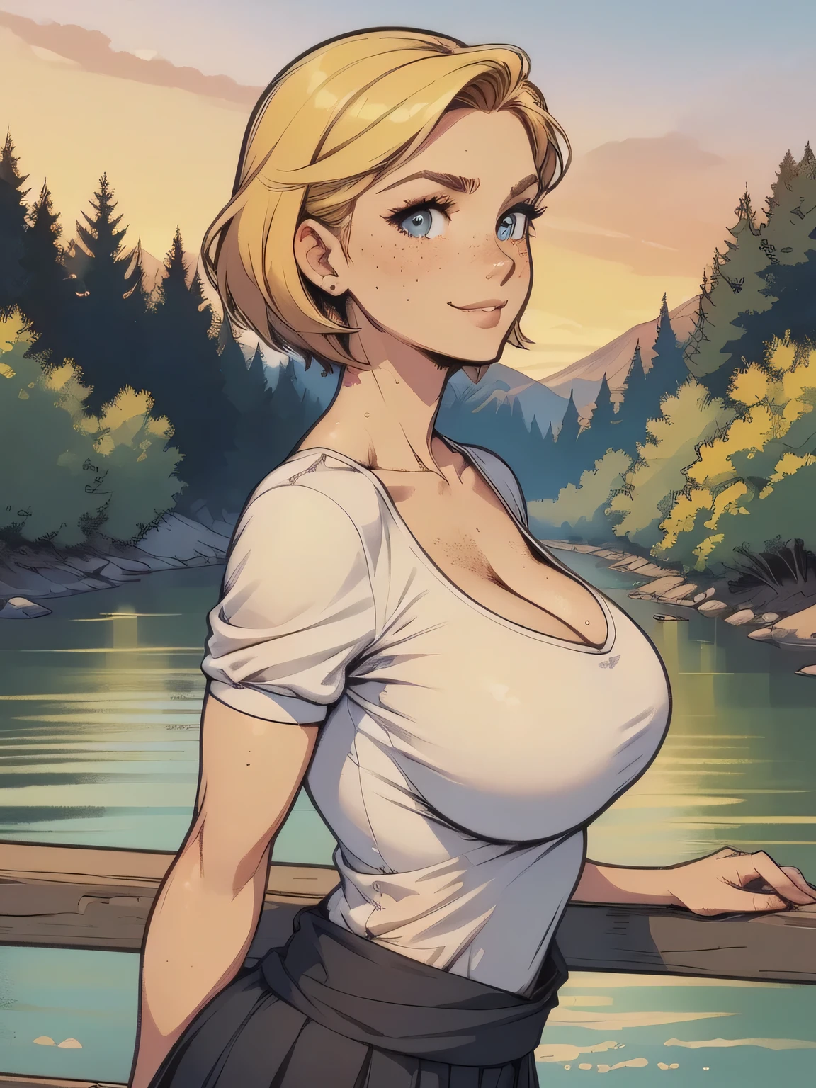 ( linhas absurdas, high definition, ultra fino, be careful with your hand ) Close-up of a thin woman, busty and athletic (secretary), 25 anos, 16k (( high definition )), sorriso lindo, olhar sedutor (( looking at the SPECTATOR )), olhos azuis, secretary usando uma camisa rosa (( gola italiana, puffy short sleeves )), cintura fina, black belt on a discreet pleated skirt, arms on the sides of her body, pele branca, short yellow hair (( at shoulder height )), She is alone on a bridge over a river (( upper body, From waist to head, side view 3.4 )), with freckles on the neck and breasts, (( seios grandes, redondos e suados 3.4 )), (( Well defined collarbone )). estilo cartoon (( QG )), forest and sunset in the background.