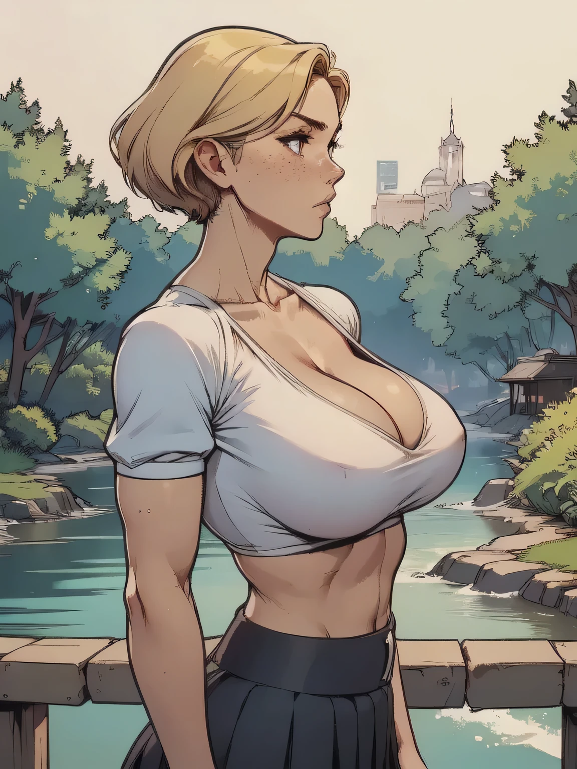 ( linhas absurdas, high definition, ultra fino, be careful with your hand ) Close-up of a thin woman, busty and athletic (secretary), 25 anos, 16k (( high definition )), looking serious, olhar sedutor (( looking at the SPECTATOR )), olhos azuis, secretary usando uma camisa rosa (( gola italiana, puffy short sleeves )), cintura fina, black belt on a discreet pleated skirt, arms on the sides of her body, pele branca, short yellow hair (( at shoulder height )), She is alone on a bridge over a river (( upper body, From waist to head, side view 3.4 )), with freckles on the neck and breasts, (( seios grandes, redondos e suados 3.4 )), (( Well defined collarbone )). estilo cartoon (( QG )), forest and sunset in the background.