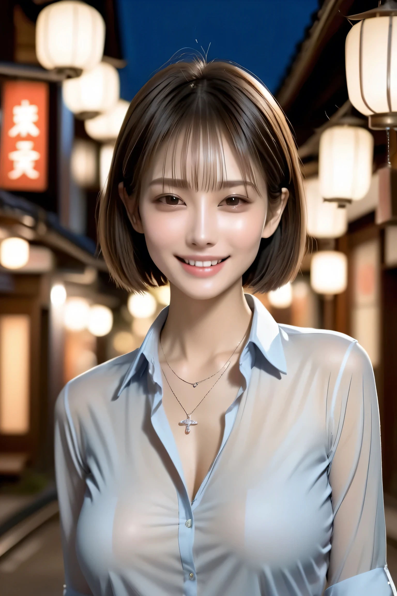 (masterpiece, best quality, photorealistic, 8k, ultra-detailed),
Full-body view of a beautiful woman from mid-thigh up (cowboy shot), with natural makeup, dark brown eyes, defined double eyelids, long silky eyelashes, and a confident alluring grin showing perfect white teeth.
She has sophisticated short hair and wears a nany blue shirt, black tight mini skirt, and an elegant silver necklace.
Standing on the streets of Kyoto with traditional architecture and cinematic nighttime lighting, professional photography style.
beautiful face, smile, grin