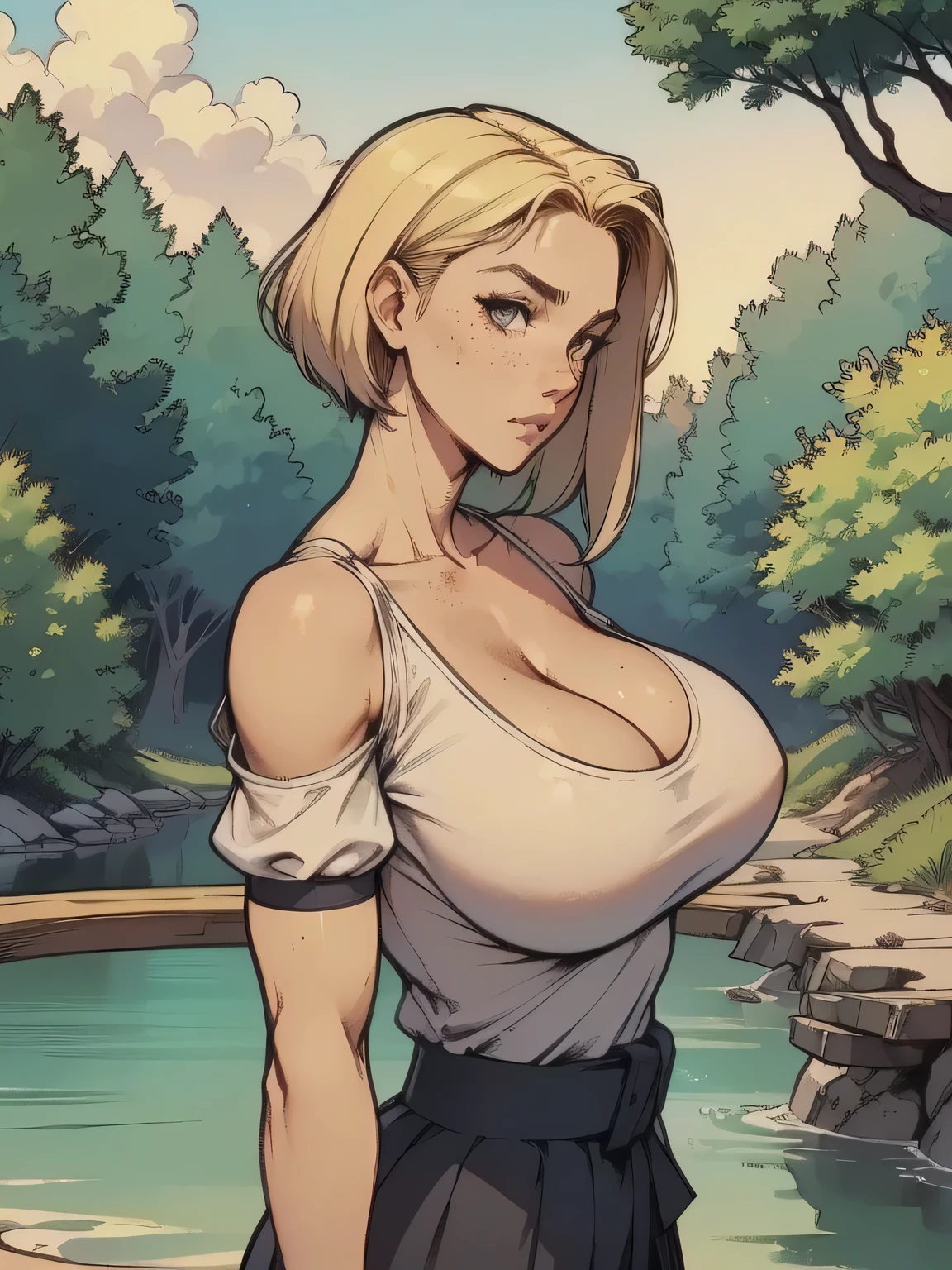 ( linhas absurdas, high definition, ultra fino, be careful with your hand ) Close-up of a thin woman, busty and athletic (secretary), 25 anos, 16k (( high definition )), sighing look, olhar sedutor (( looking at the SPECTATOR )), olhos azuis, secretary usando uma camisa rosa (( gola italiana, puffy short sleeves )), cintura fina, black belt on a discreet pleated skirt, arms on the sides of her body, pele branca, short yellow hair (( at shoulder height )), She is alone on a bridge over a river (( upper body, From waist to head, side view 3.4 )), with freckles on the neck and breasts, (( seios grandes, redondos e suados 3.4 )), (( Well defined collarbone )). estilo cartoon (( QG )), forest and sunset in the background.