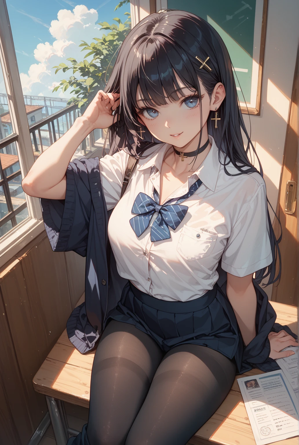 4K, (work of art), highest quallity, 2d, ((rebeld girl)), (teenage anime school girl), (shirt unbuttoned), Punk Girl, sitting sloppily, short hair with long bangs, heterochromatic eyes, ssmile, full height, clean eyes, black eyelash, (intrincado detalhado), dramatic, makoto shinkai,
