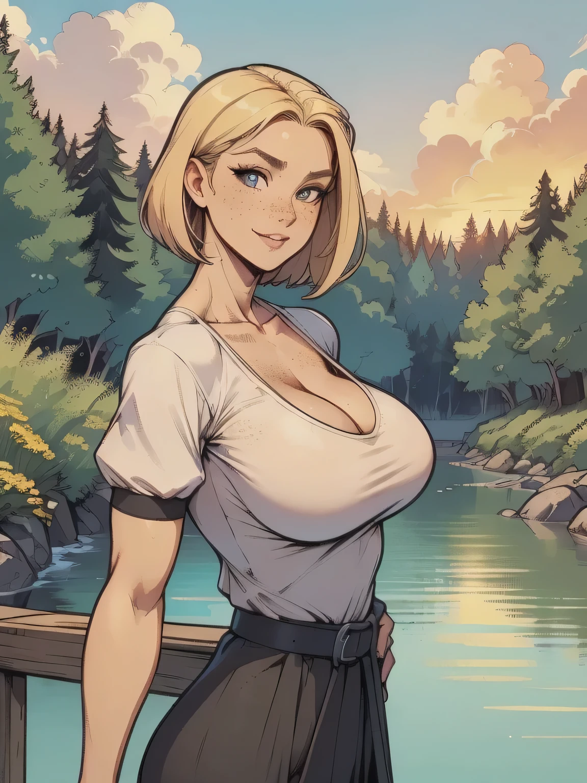 ( linhas absurdas, high definition, ultra fino,  be careful with your hand ) Close-up of a thin woman,  busty and athletic  (secretary), 25 anos, 16k (( high definition )), sorriso misterioso, olhar sedutor (( looking at the viewer )), olhos azuis, secretary usando uma camisa rosa (( gola italiana, puffy short sleeves )), cintura fina, black belt on a discreet pleated skirt, arms on the sides of her body, pele branca, short blond hair (( at shoulder height )), She is alone on a bridge over a river (( upper body, From waist to head, side view 3.4 )), with freckles on the neck and , ((  grandes, redondos e suados 3.4 )), (( Well defined collarbone )). estilo cartoon (( QG )), forest and sunset in the background.