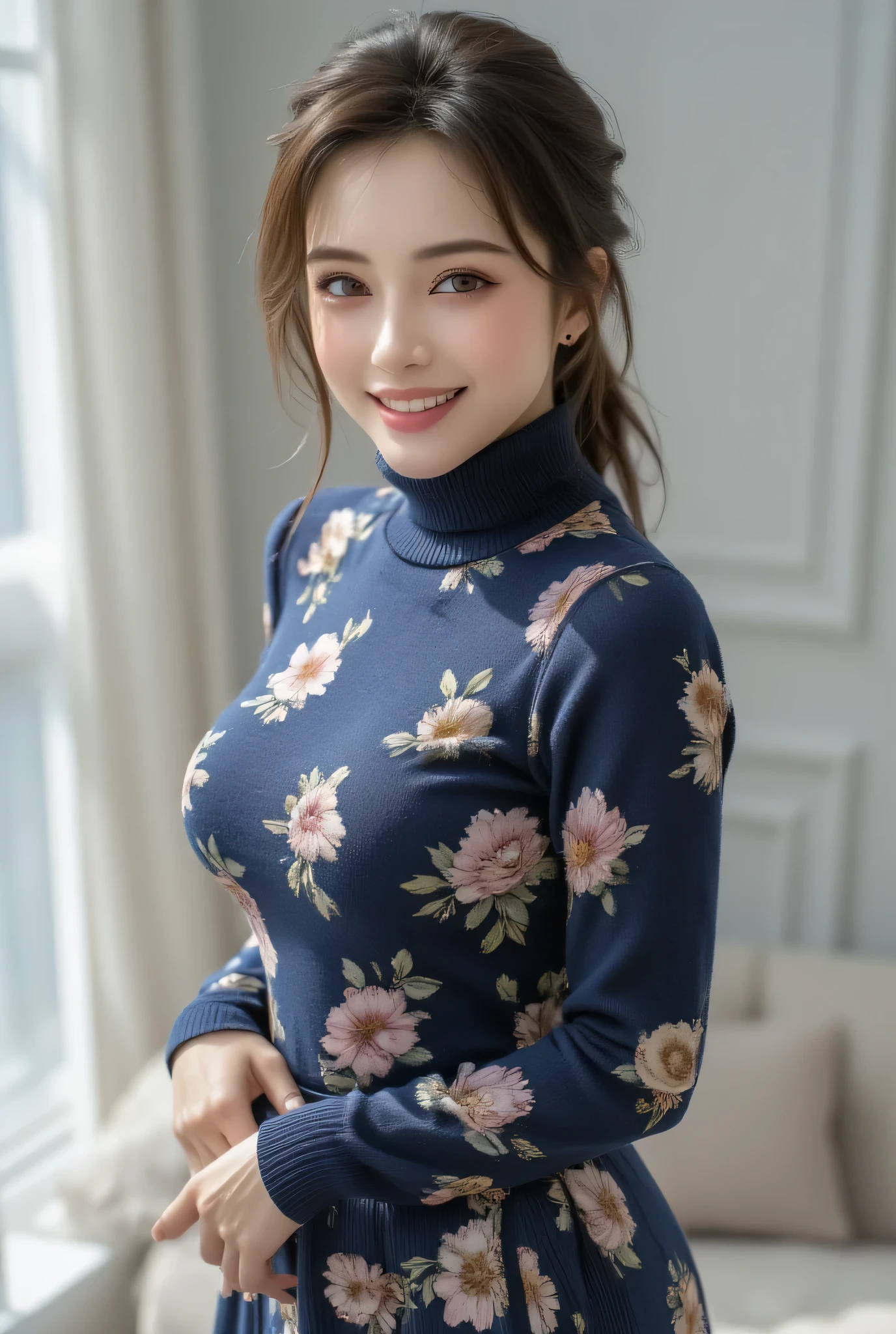 A sophisticated Japanese woman in her late 40s, wrapped in a floral navy blue turtleneck knit with cashmere-like softness. The premium knit fabric elegantly embraces her voluptuous yet refined bust, creating smooth curves from the stylish high neck to the hem. A delicately ribbed tight skirt, sitting15 centimeters above the knee, sensually accentuates her slender legs' silhouette. A small, alluring mole positioned about 5 millimeters from the right corner of her lips adds a sensual charm to her expression. She gazes directly at the camera with clear brown eyes, wearing an intelligent and warm smile. Her glossy black hair is pulled back into a refined ponytail, highlighting the beautiful line of her slender neck. Her long, delicate fingers casually touch the hem of her skirt with calculated allure. Captured in a sophisticated space with glossy white walls, bathed in natural sunlight, this shot perfectly encapsulates the charm of a mature woman.