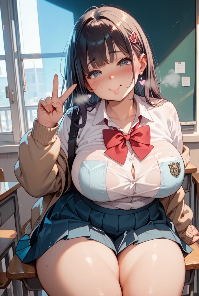 (highest quality), (masterpiece), 1080p, hd, 4k, 8k, double piece, peace fingers, ??? in hair, open mouth, saliva, Photographed from directly above, school uniform, cardigan, hairpin, girl sitting, tears, high school student, ???????????, Only ???????????????, whole body, ribbon on head, blush, troubled face, embarrassing, Photographed from directly above, black hair short, hairpin, 18-year-old,