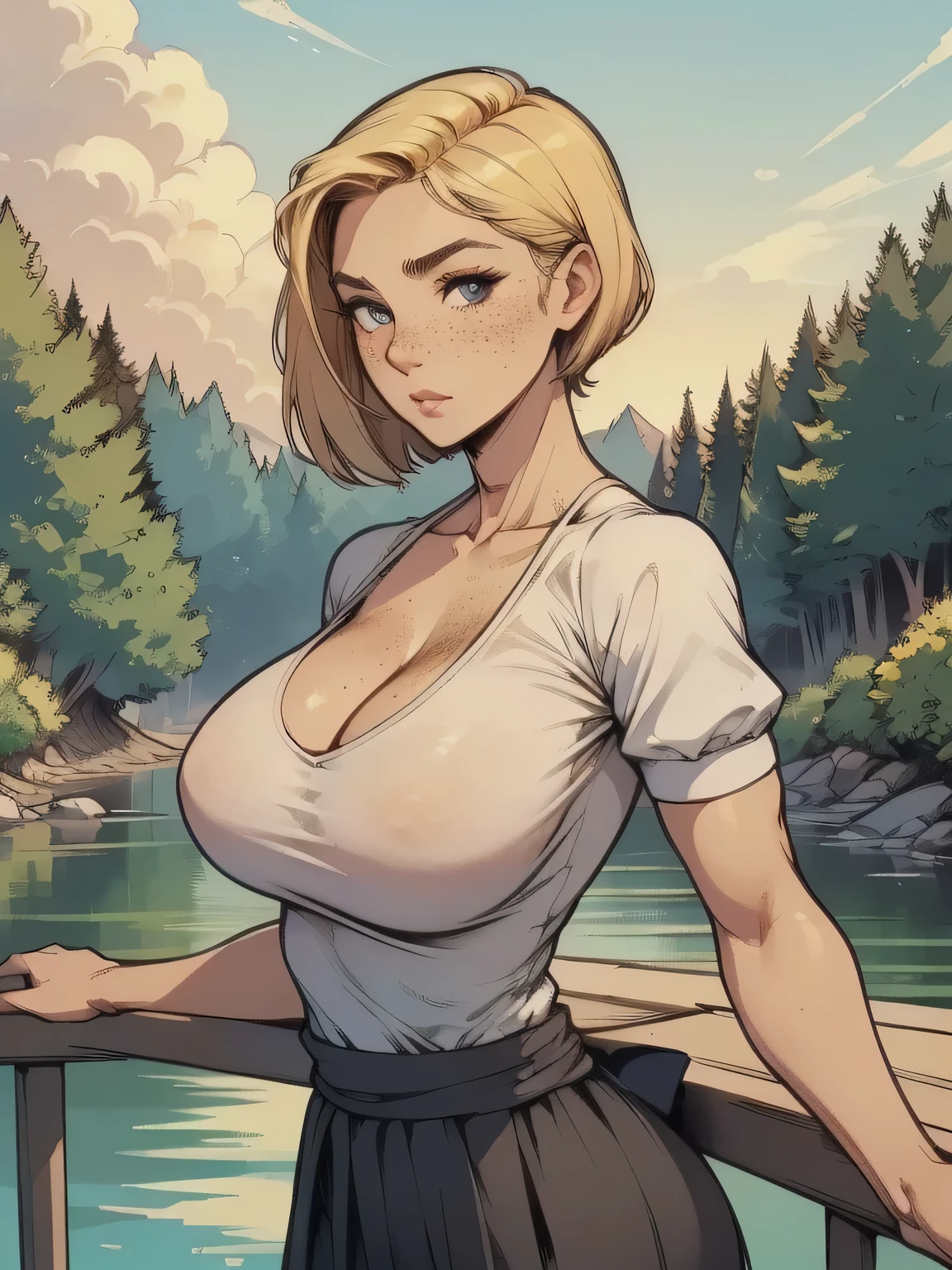 ( linhas absurdas, high definition, ultra fino, be careful with your hand ) Close-up of a thin woman, busty and athletic (secretary), 25 anos, 16k (( high definition )), sighing look, olhar sedutor (( looking at the viewer )), olhos azuis, secretary usando uma camisa rosa (( gola italiana, puffy short sleeves )), cintura fina, black belt on a discreet pleated skirt, arms on the sides of her body, pele branca, short blond hair (( at shoulder height )), She is alone on a bridge over a river (( upper body, From waist to head, side view 3.4 )), with freckles on the neck and breasts, (( seios grandes, redondos e suados 3.4 )), (( Well defined collarbone )). estilo cartoon (( QG )), forest and sunset in the background.