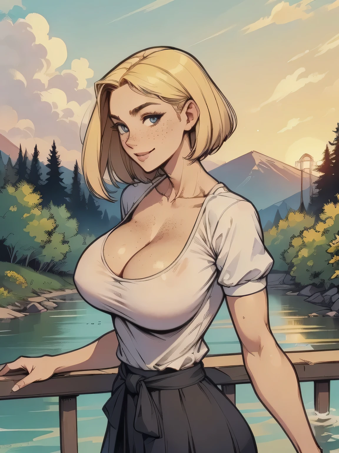 ( linhas absurdas, high definition, ultra fino, be careful with your hand ) Close-up of a thin woman, busty and athletic (secretary), 25 anos, 16k (( high definition )), sorriso misterioso, olhar sedutor (( looking at the viewer )), olhos azuis, secretary usando uma camisa rosa (( gola italiana, puffy short sleeves )), cintura fina, black belt on a discreet pleated skirt, arms on the sides of her body, pele branca, short blond hair (( at shoulder height )), She is alone on a bridge over a river (( upper body, From waist to head, side view 3.4 )), with freckles on the neck and breasts, (( seios grandes, redondos e suados 3.4 )), (( Well defined collarbone )). estilo cartoon (( QG )), forest and sunset in the background.