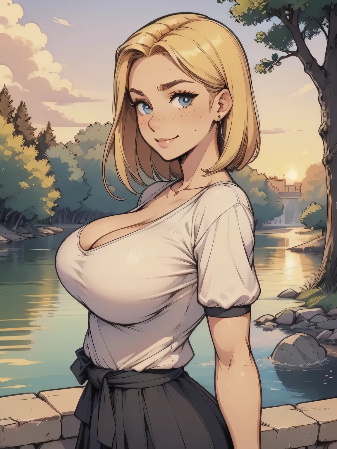 ( linhas absurdas, high definition, ultra fino, be careful with your hand ) Close-up of a thin woman, busty and athletic (secretary), 25 anos, 16k (( high definition )), sorriso misterioso, olhar sedutor (( looking at the viewer )), olhos azuis, secretary usando uma camisa rosa (( gola italiana, puffy short sleeves )), cintura fina, black belt on a discreet pleated skirt, arms on the sides of her body, pele branca, short blond hair (( at shoulder height )), She is alone on a bridge over a river (( upper body, From waist to head, side view 3.4 )), with freckles on the neck and breasts, (( seios grandes, redondos e suados 3.4 )), (( Well defined collarbone )). estilo cartoon (( QG )), forest and sunset in the background.