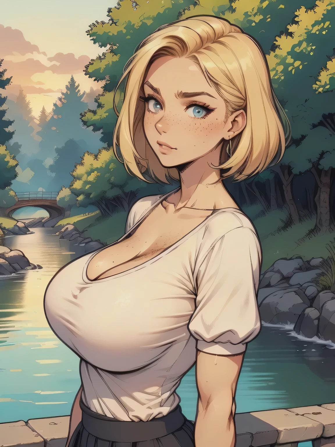 ( linhas absurdas, high definition, ultra fino,  be careful with your hand ) Close-up of a thin woman,  busty and athletic  (secretary), 25 anos, 16k (( high definition )),  sighing look, olhar sedutor (( looking at the viewer )), olhos azuis, secretary usando uma camisa rosa (( gola italiana, puffy short sleeves )), cintura fina, black belt on a discreet pleated skirt, arms on the sides of her body, pele branca, short blond hair (( at shoulder height )), She is alone on a bridge over a river (( upper body, From waist to head, side view 3.4 )), with freckles on the neck and , ((  grandes, redondos e suados 3.4 )), (( Well defined collarbone )). estilo cartoon (( QG )), forest and sunset in the background.