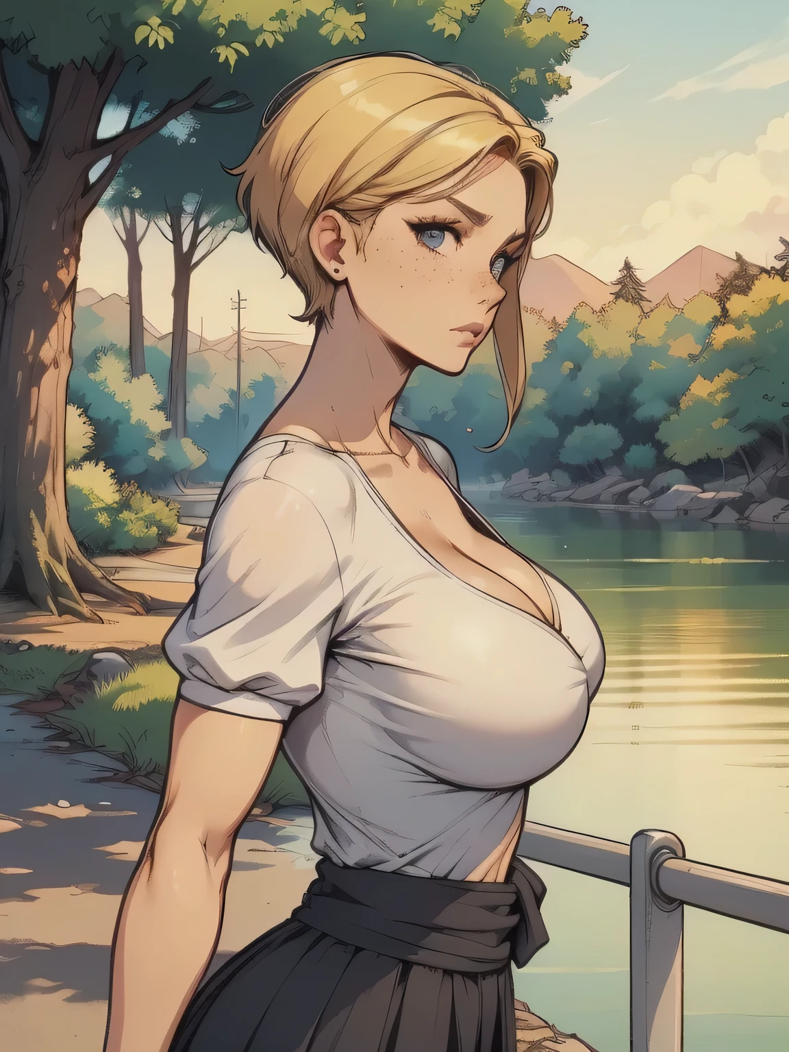 ( linhas absurdas, high definition, ultra fino, be careful with your hand ) Close-up of a thin woman, busty and athletic (secretary), 25 anos, 16k (( high definition )), sighing look, olhar sedutor (( looking at the viewer )), olhos azuis, secretary usando uma camisa rosa (( gola italiana, puffy short sleeves )), cintura fina, black belt on a discreet pleated skirt, arms on the sides of her body, pele branca, short blond hair (( at shoulder height )), She is alone on a bridge over a river (( upper body, From waist to head, side view 3.4 )), with freckles on the neck and breasts, (( seios grandes, redondos e suados 3.4 )), (( Well defined collarbone )). estilo cartoon (( QG )), forest and sunset in the background.