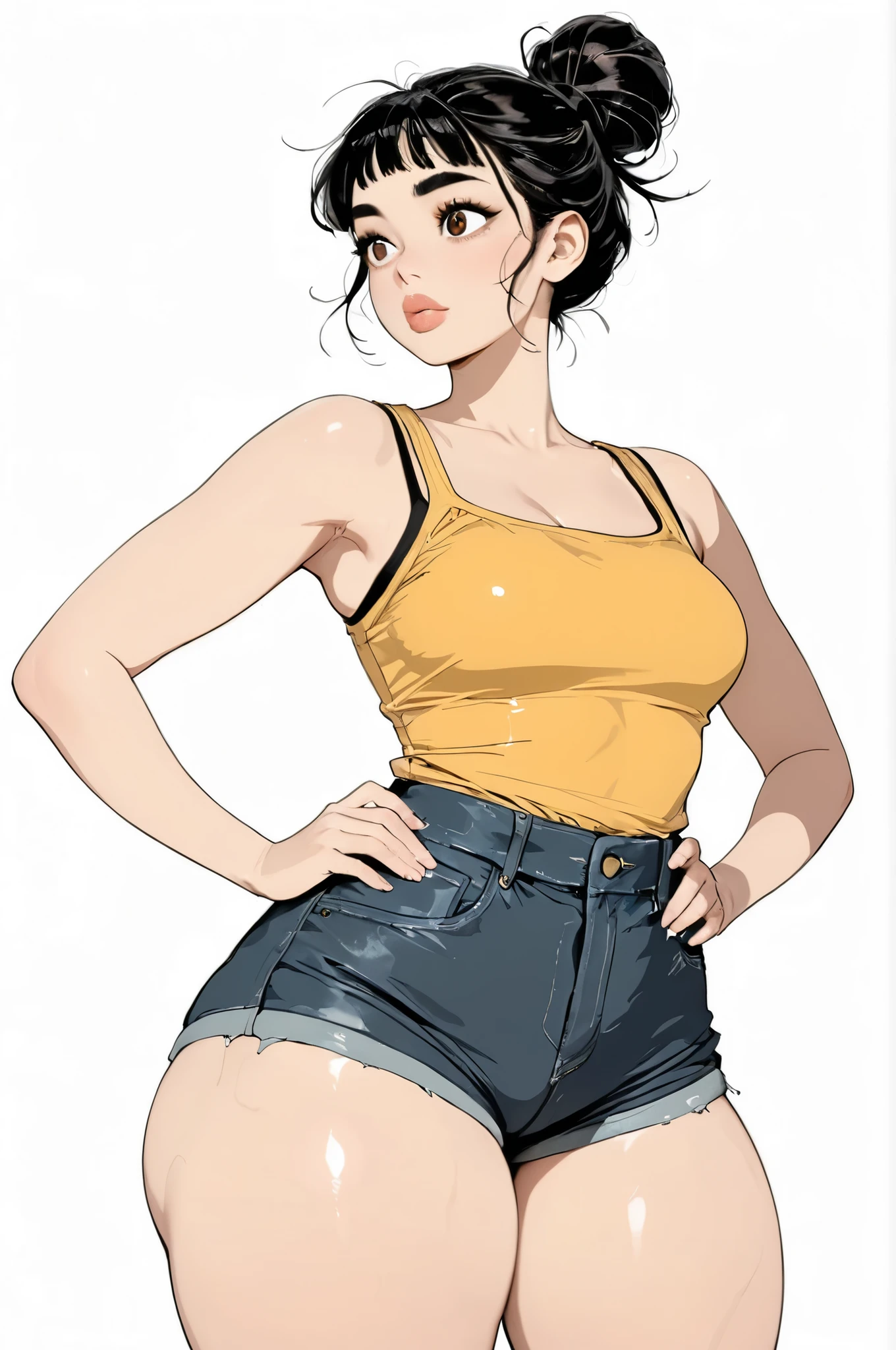 white background, ((perfect face)), black hair bun, high bun, natural eyebrows, black eyebrows, big eyes, brown eyes, thick lips, beautiful woman, yellow tank top, jeans short shorts, (thick thighs: 1.3), standing, hands on hips, ((shiny skin)), ((glossy skin))