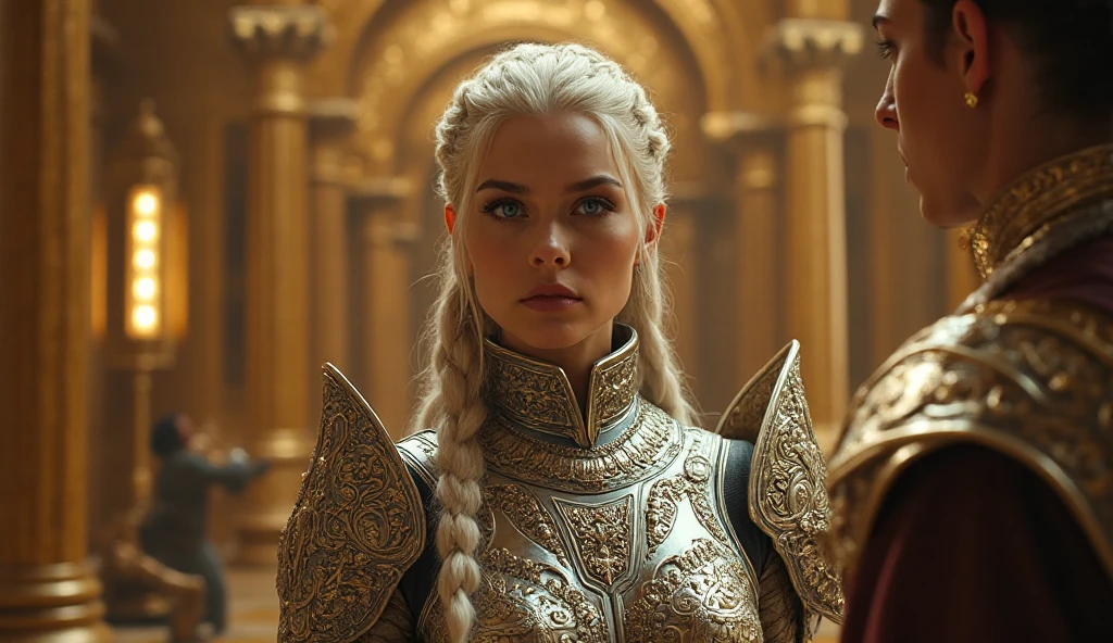 A cinematic and dramatic fantasy scene inside a majestic golden hall ...