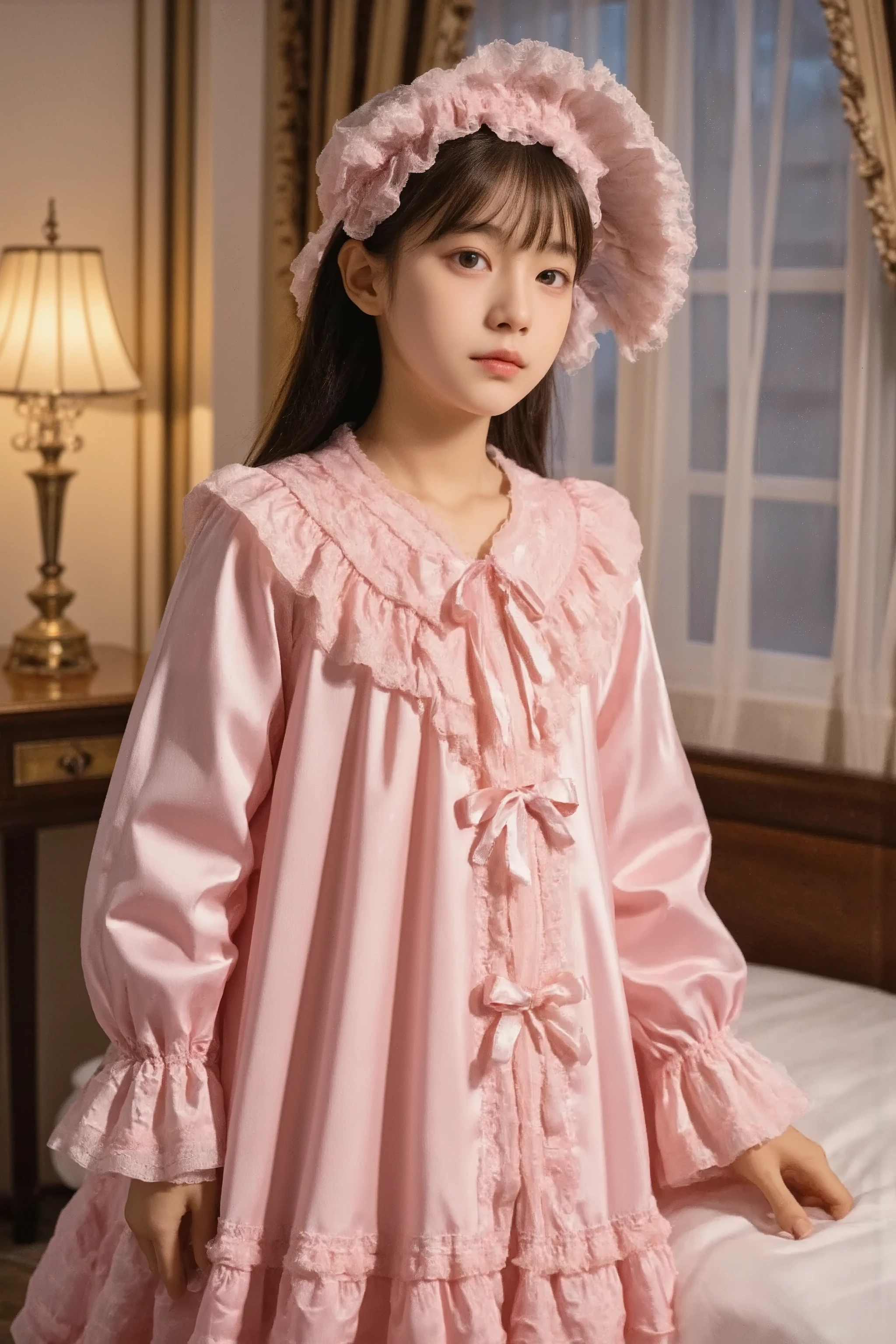 high quality,Super Detailed,3k photos,,((side shot,should look to the side:1.4))get used to it,girl in pink nightgown,long sleeve,long skirt,pink ruffle round hat,full body, (( 10 year old Japanese girl,Short Height,solo)),super fine young face,,lovely smile,baby-like face,is short,,(((Straight Long Hair))),,(((hot pink silk satin nightgown with lots of ruffles and bows,1920s style Victorian nightgown:1.2))),soft luster silk satin fabric,((ruffle mob cap with ribbon)),((Detailed Yoke Color with Ruffles and Ribbons,detailed ruffle placket:1.0)),((long sleeve,puff sleeve with ribbon,Ruffle sleeves)),((足首までのフリルlong skirt:1.0)),((the whole body is shown)),, white ruffle socks,anatomically correct hands,