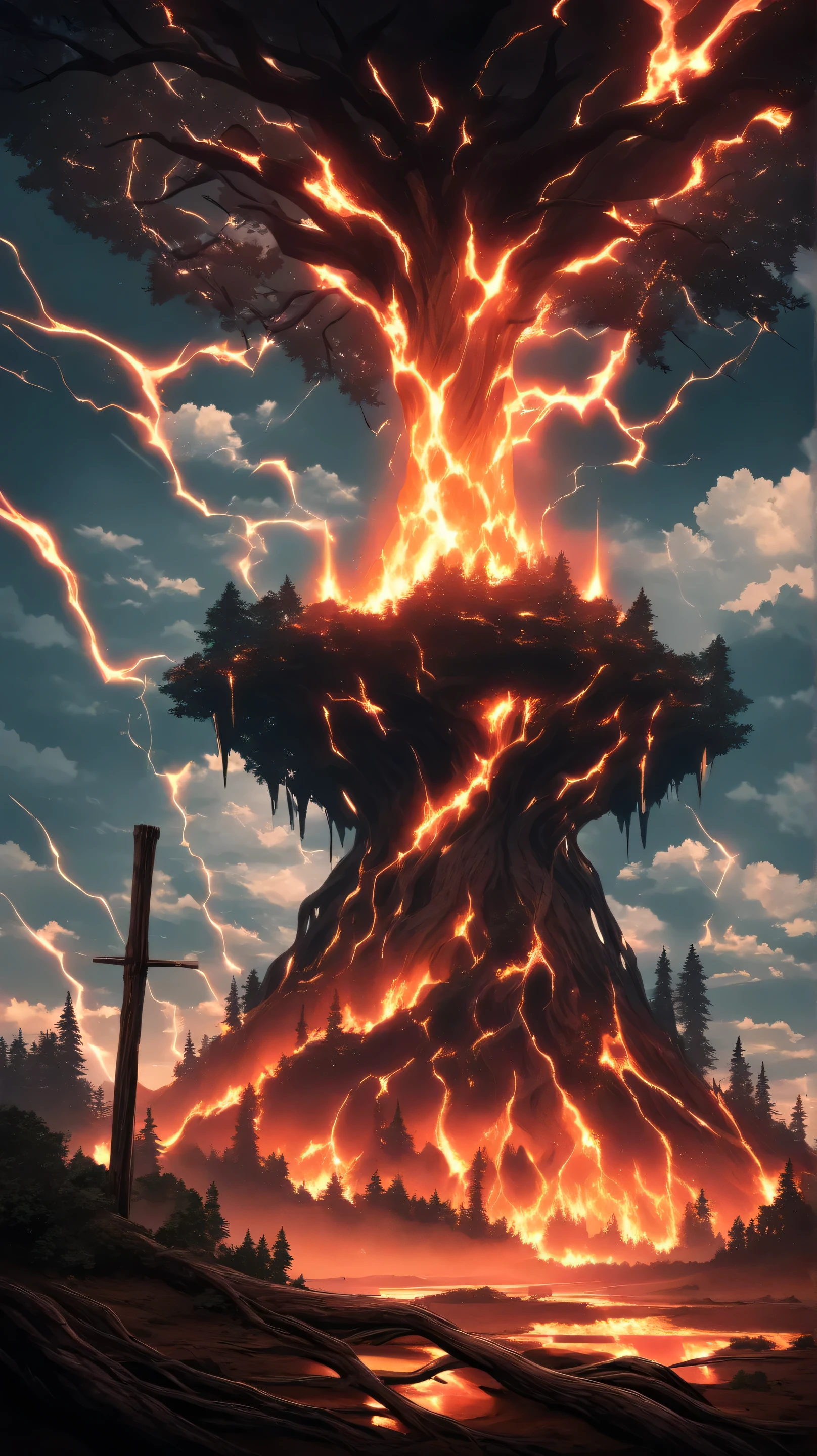 background,volcanic lightning,anime-style, a solitary battle mech patrolling near a wooden watchtower hidden deep in the forest,  
molten ash falls from the clouds lit by fiery lightning strikes,  
its surface reflects brief flashes of light,  
tree roots twist around its legs as it surveys the environment, cinematic mood, high resolution