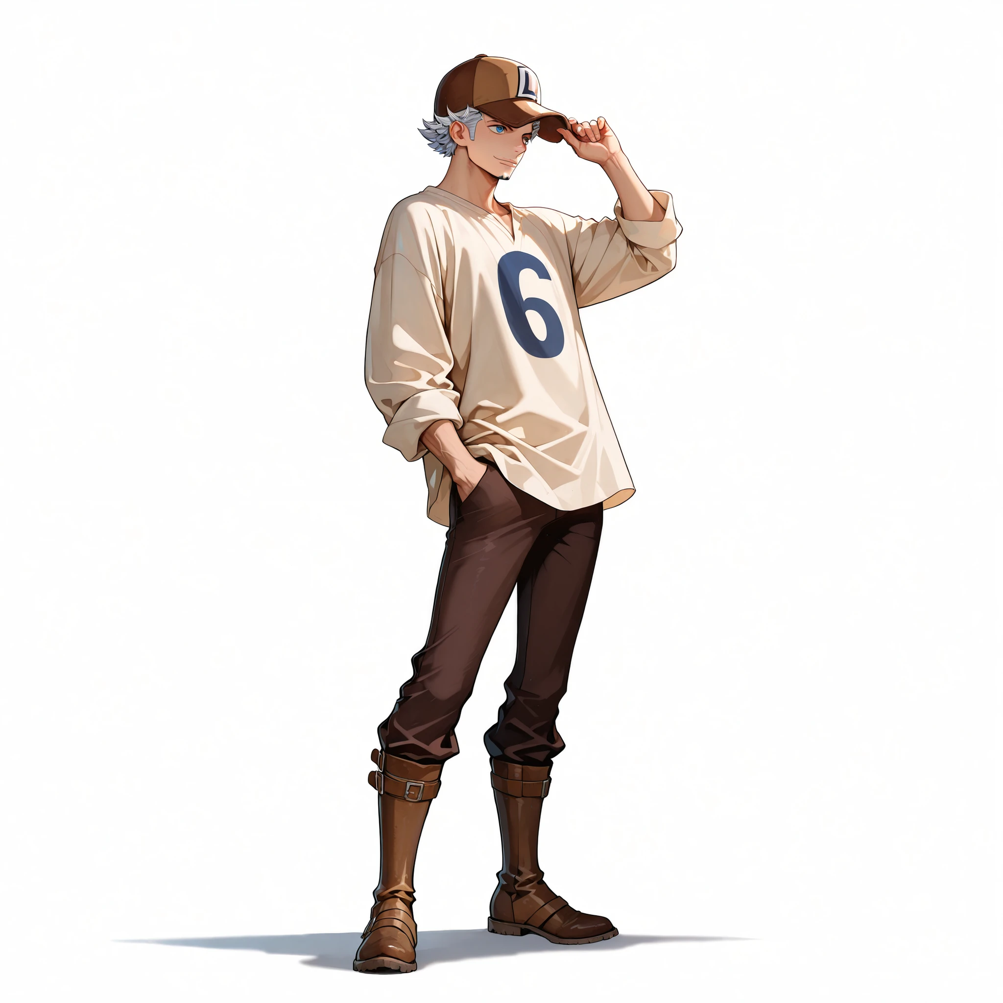 (male), (adult man), (slim body), (short spiky silver hair), (blue eyes), (brown baseball cap)l), (solo), (single character), (full body), (standing pose), (white background), (no background), (highly detailed), (shadow), (detailed outfit), (detailed hands), (detailed face), (detailed hair)
wearing a loose cream medieval shirt, dark brown trousers, simple brown medieval boots, (one piece style art)