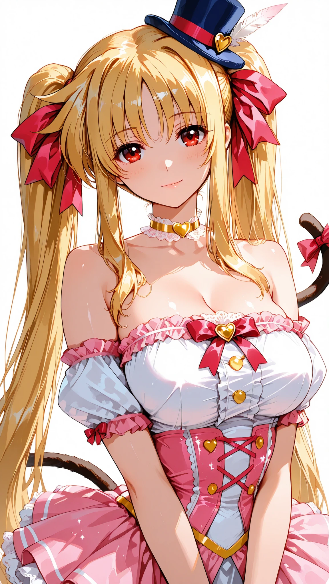 solo, c-testarossa, blonde hair, red eyes, twintails, very long hair, hair ribbon, , Tight waist、Small waist、shiny Skin , (upper body), light smile, kawaii circus costume, beautiful anime girl, small silk top hat with ribbon and feather, candy stripe corset (pink & white) with heart frills, off-shoulder puff sleeves, 3-layer frilly tutu skirt with star sequins, ribbon tail on back, jewel choker, lace-up patent boots, vibrant pastel colors, studio lighting, ultra-detailed, masterpiece, illustration,(pure white background)