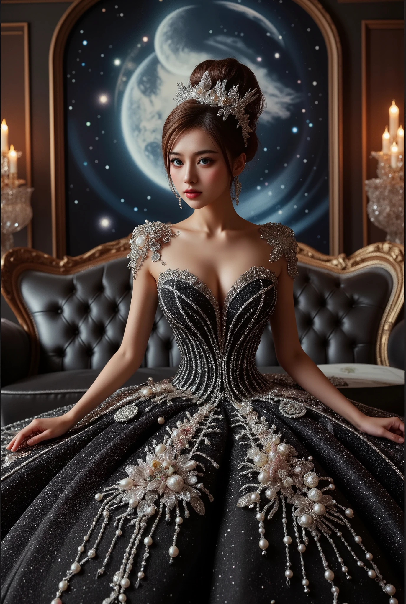 A beautiful Asian idol girl with white skin, douyin-style makeup face, eyelashes, With fake giant , blue eyes, wearing a tight strapless dress that presses the , with a and slim body, a small waist, glass effect on the dress, sitting in space, UHD, luxurious dress, a dress decorated with pearls, diamonds, jewels, and flowers, a dress emitting light, the most elegant and extraordinary dress, a fantasy dress, a beautiful digital artwork, a beautiful fantasy empress, wearing a strapless dress made of beads and carbon fiber, a photo with very sharp details, the best quality: 1.2),, (8k, high resolution, RAW photo, realistic, photo-realistic: 1.3), (detailed skin texture, detailed fabric texture, detailed element texture, exquisite detailed face: 1.25), professional lighting, photon mapping, beautiful soft light, radiosity, physically based rendering, raytracing, model shooting style, model shooting style, (highly detailed 8k unity CG Wallpaper), the most beautiful artwork in the world. (Body Navel) ( push up)