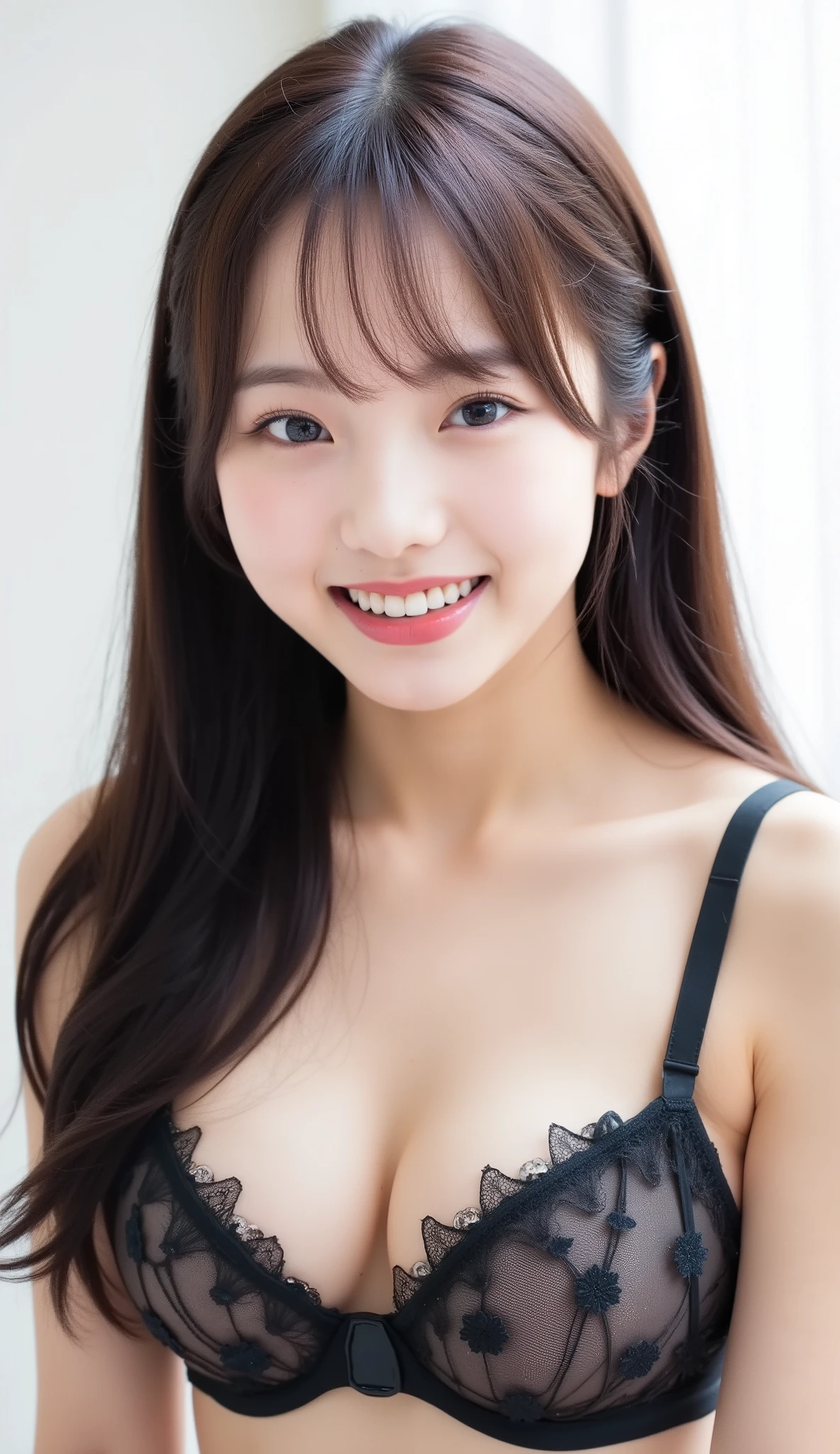 実写、shot with a Canon EOS R5, 50mm lens, f/2.8 apertur、(masterpiece,best quality:1.4)、detailed breast、Japanese idol、最高品質、超高解像度、8K、Full Body Shot、明るい部屋、椅子に座る、Emphasize the cleavage、濃い茶髪、セミロングヘア、さらさらの髪質、medium-sized breasts、delicate shoulders、(basic bra:1.3)、diamond pattern、silk material、Cascade frill、(撮影するたび違う色ブラジャー:1.3)、tight skirt、midi skirt、pulling down strap, strap slip