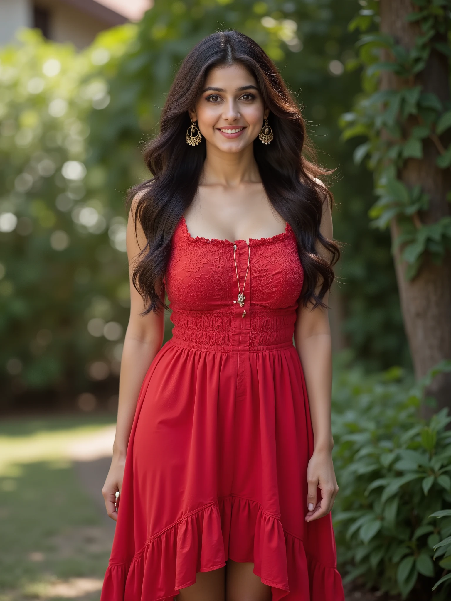 anaswarasdxl, Full body image of an Indian girl with smiling look, fair skin tone, light grey eyes, fox eyelashes, thin eyebrows, black eye liner, silver eyeshadow, natural blush, and red lipstick. Her hairs are long, brown, wavy and stylish. She is wearing a red Ruched Square Neck Ruffle High-Low Midi Dress with Ruffle Hem, a pendant and earrings. She is standing in a garden in a sexy pose. Photorealistic, ultra realistic, detailed skin, soft lighting, ultra-detailed textures, 8K resolution, masterpiece.