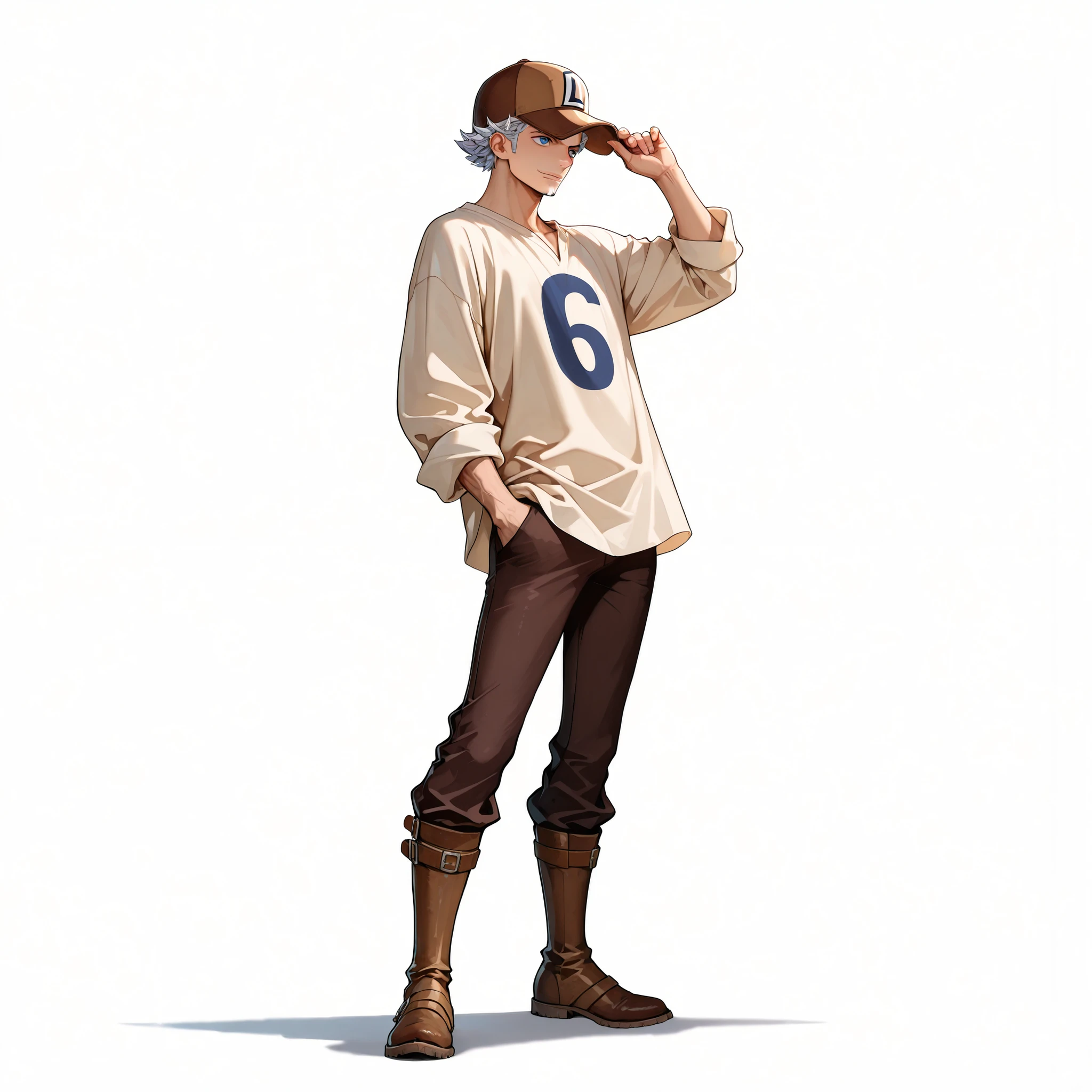 (male), (adult man), (slim body), (short spiky silver hair), (blue eyes), (brown baseball cap)l), (solo), (single character), (full body), (standing pose), (white background), (no background), (highly detailed), (shadow), (detailed outfit), (detailed hands), (detailed face), (detailed hair)
wearing a loose cream medieval shirt, dark brown trousers, simple brown medieval boots, (one piece style art)