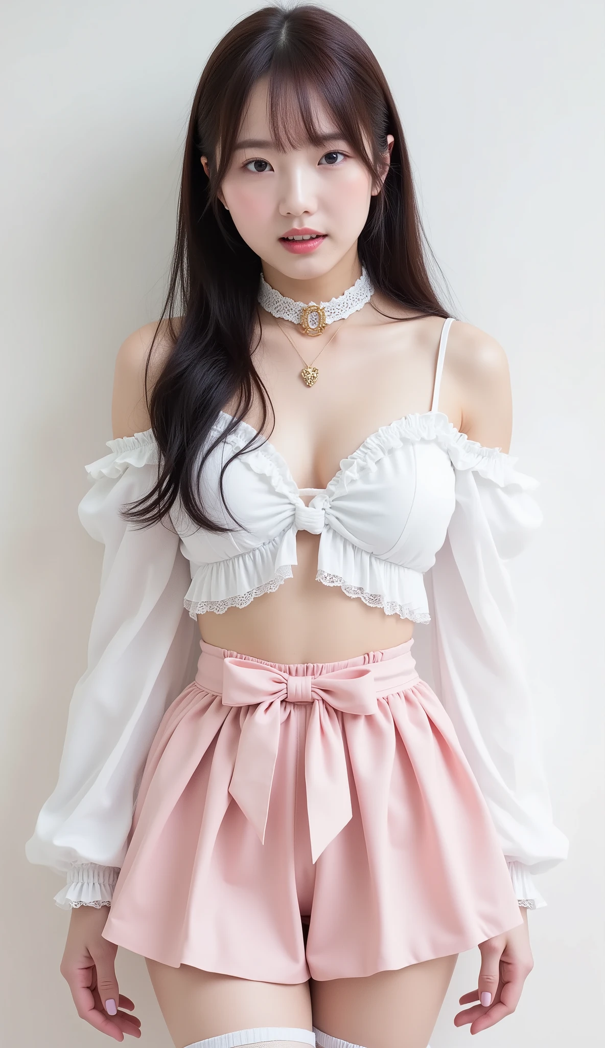 実写、shot with a Canon EOS R5, 50mm lens, f/2.8 apertur、(masterpiece,best quality:1.4)、detailed breast、Japanese idol、最高品質、超高解像度、8K、Full Body Shot、明るい部屋、椅子に座る、Emphasize the cleavage、濃い茶髪、セミロングヘア、さらさらの髪質、medium-sized breasts、delicate shoulders、White fluffy off-shoulder sweater with wide ruffled neckline; long voluminous sleeves featuring lattice mesh inset panels and elasticized cuffs; detachable pale pink satin ribbon choker tied in a bow with heart-shaped metal ring at center; high-waisted baby pink flared mini skirt with double-layer ruffle hem and asymmetrical twin belt straps with gold-tone buckle details; proposed white sheer thigh-high socks with lace-trimmed tops; proposed white chunky platform ankle boots with rounded toes and front lace-up closure、Seductively Posing、Show Panties