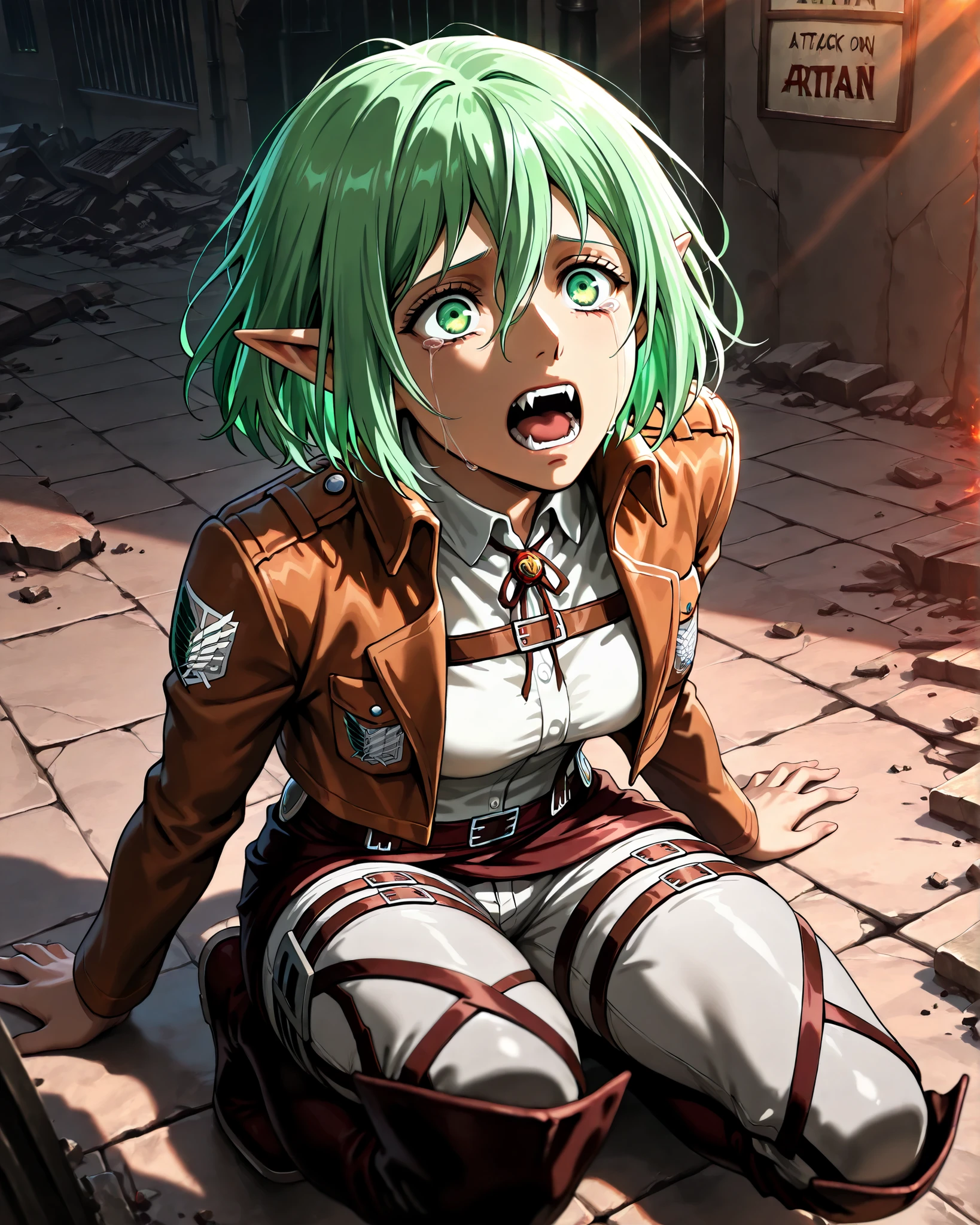 distant front high angle, taking in the character and part of the city behind, (masterpiece, ultra-detailed, 4K, vibrant colors, inspired by the hit anime Attack on Titan), {1woman}: (a beautiful and attractive woman, expressive green eyes, short green hair, elf ears, official Attack on Titan anime uniform, sitting on the floor, expression of horror and fear, tears running down her eyes, mouth open showing vampire fangs in a sign of panic), solo, ground, huge Titan shadow covering the character while the city around her, inspired by the Attack on Titan anime, houses destroyed, destroyed scenery, perfect lighting of the night creating shadows